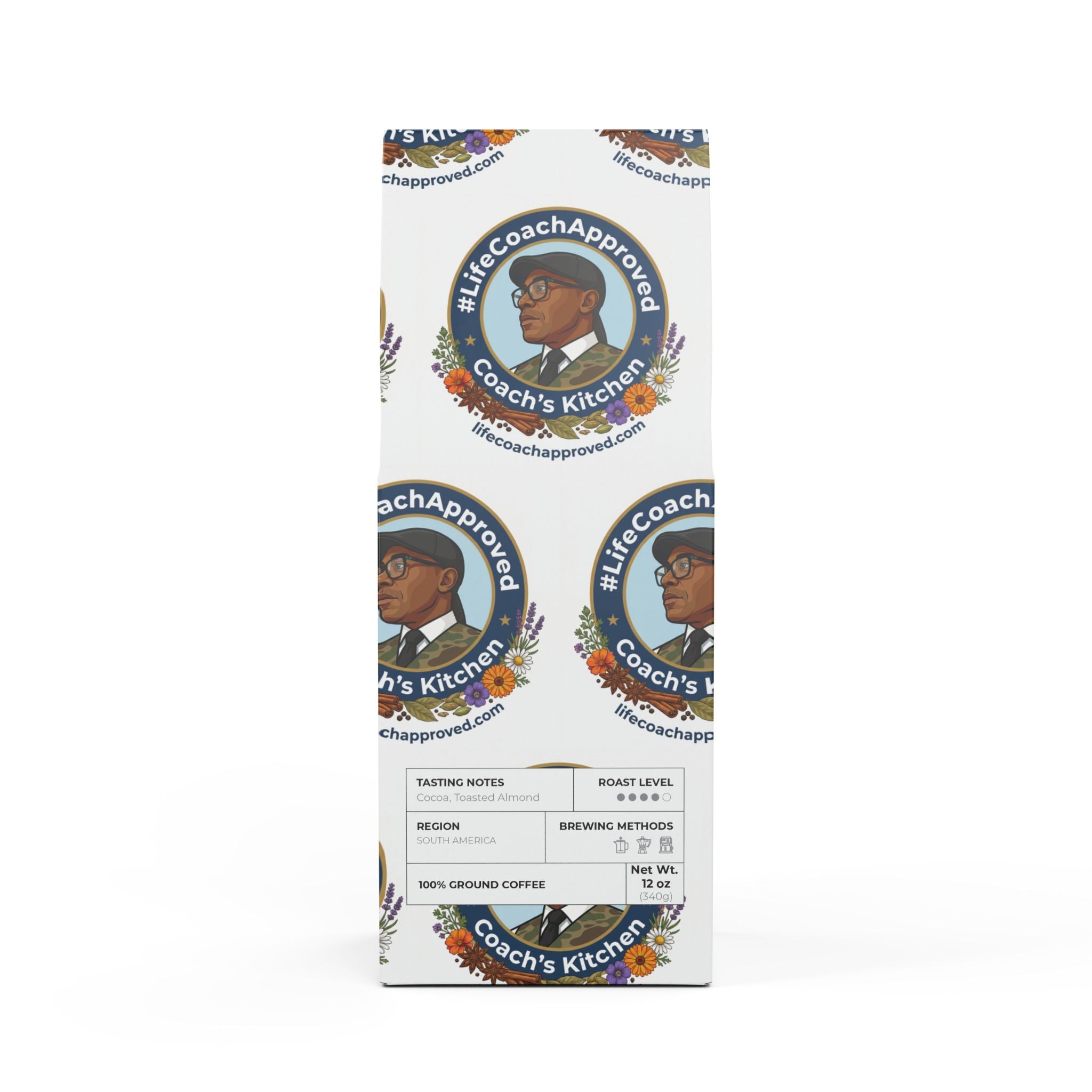 Coach’s Kitchen medium-dark coffee bag; ground coffee label and icons