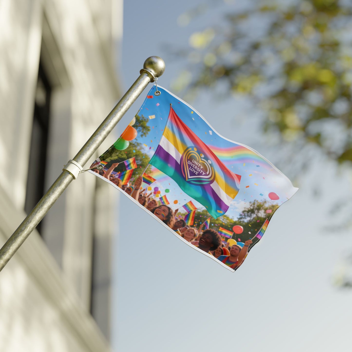 Pride flag with Unity Diversity Love heart emblem and rainbow stripes hanging from a pole