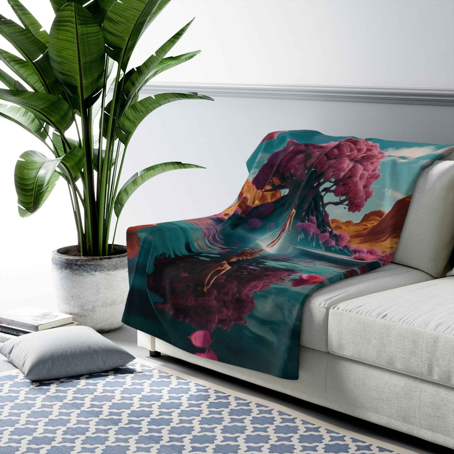 Teal fleece throw with fantasy landscape, tree, and flowers print