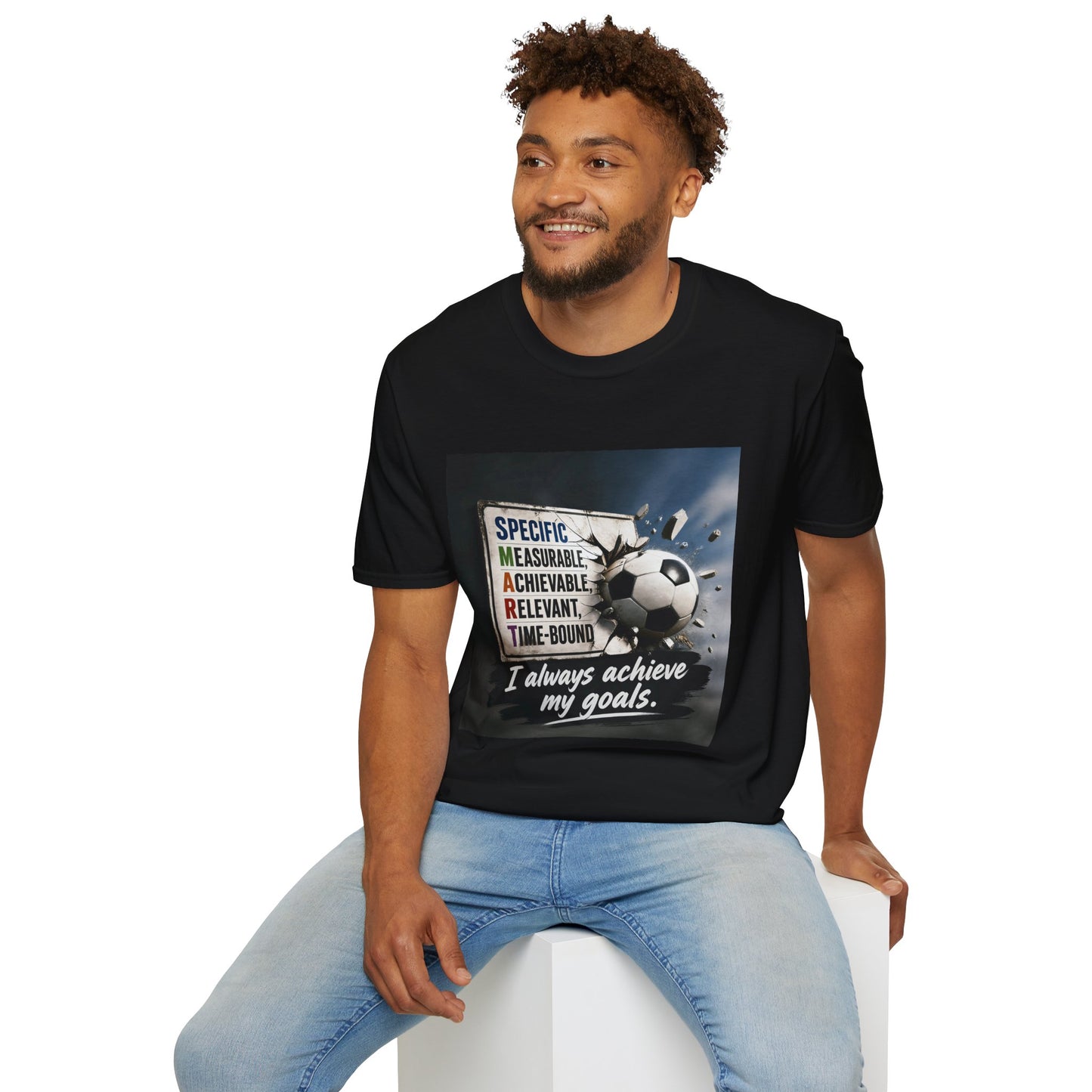 Unisex T-shirt, black, crew neck; front soccer-themed graphic with motivational text.