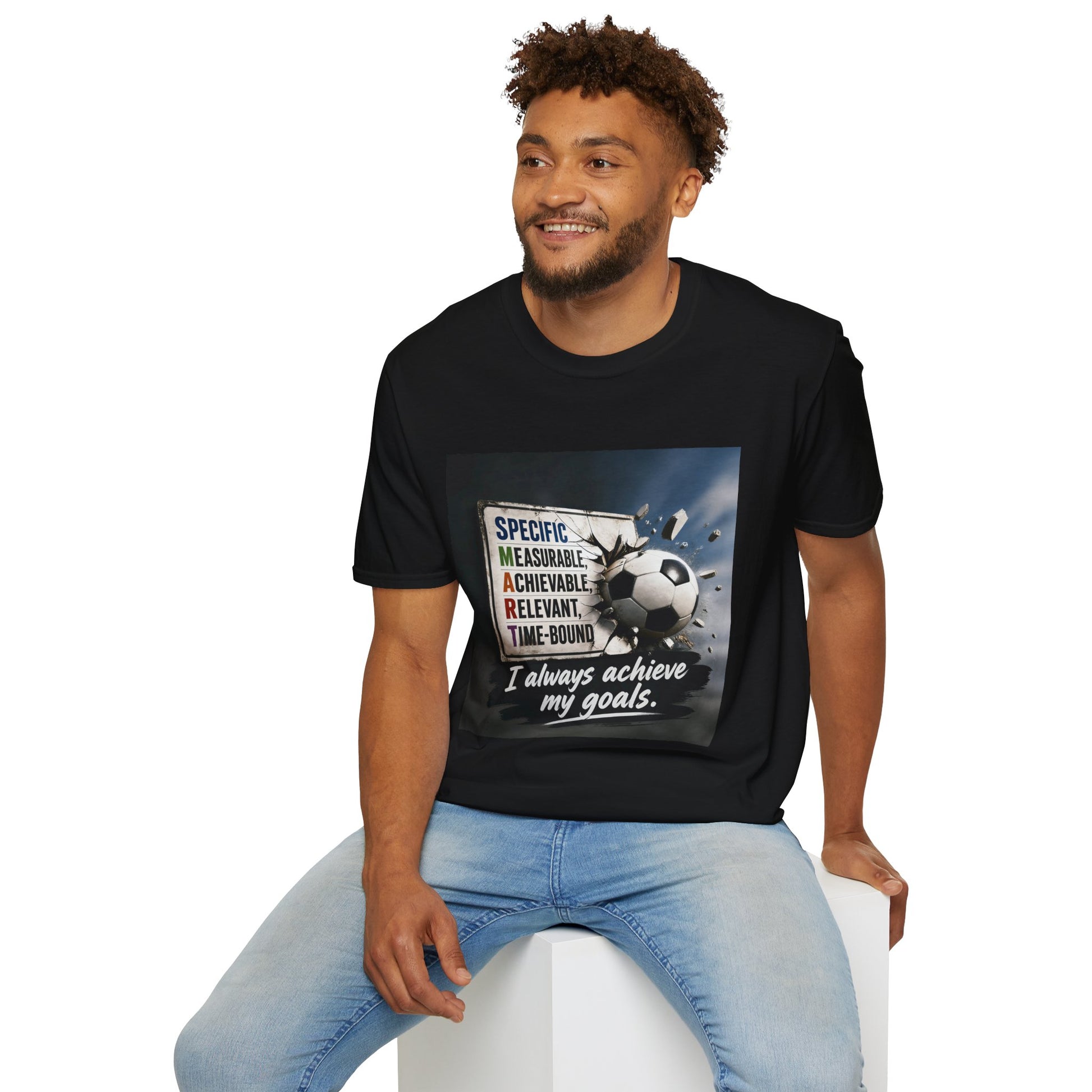 Unisex T-shirt, black, crew neck; front soccer-themed graphic with motivational text.