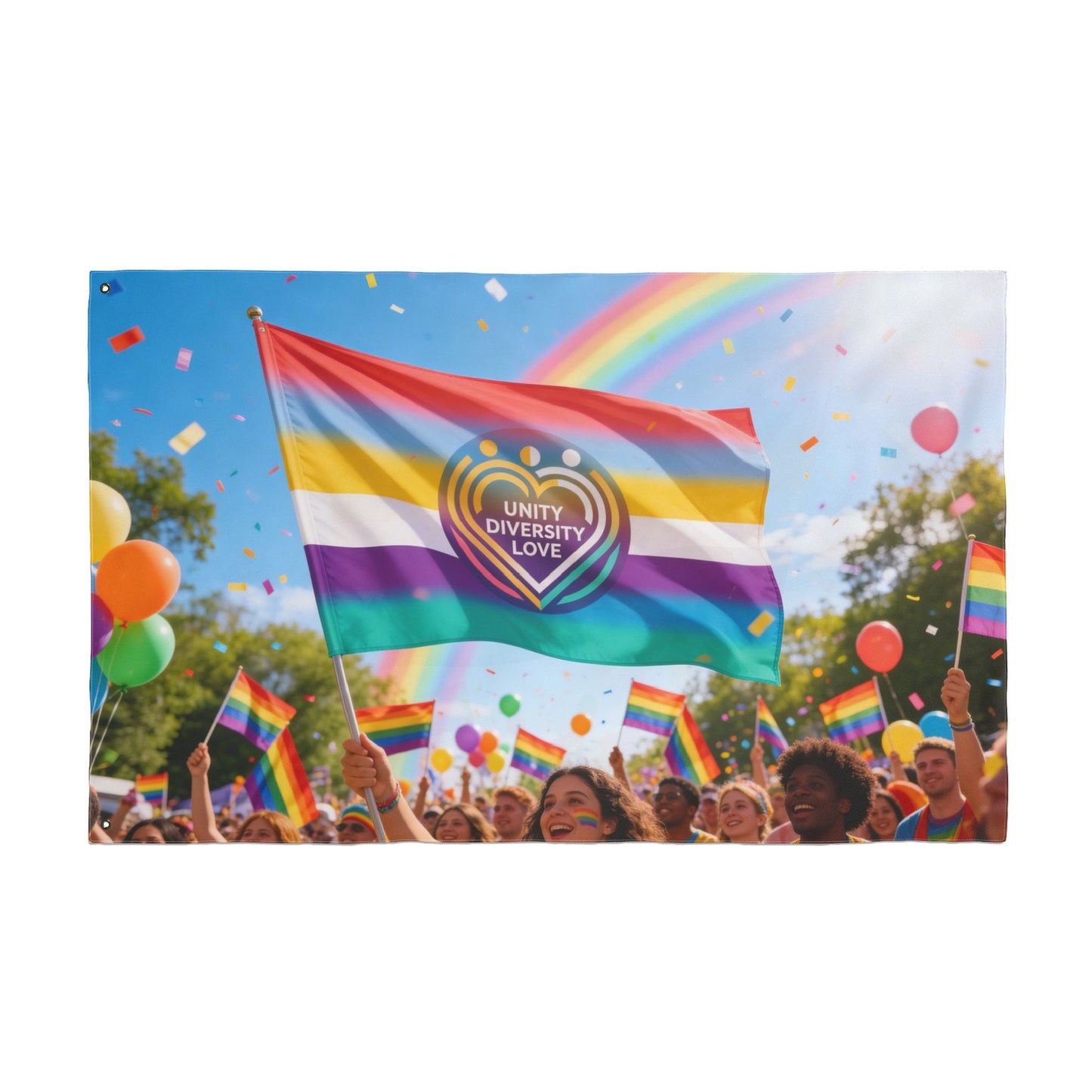 Pride flag with Unity Diversity Love heart emblem and rainbow stripes, backlit by daylight