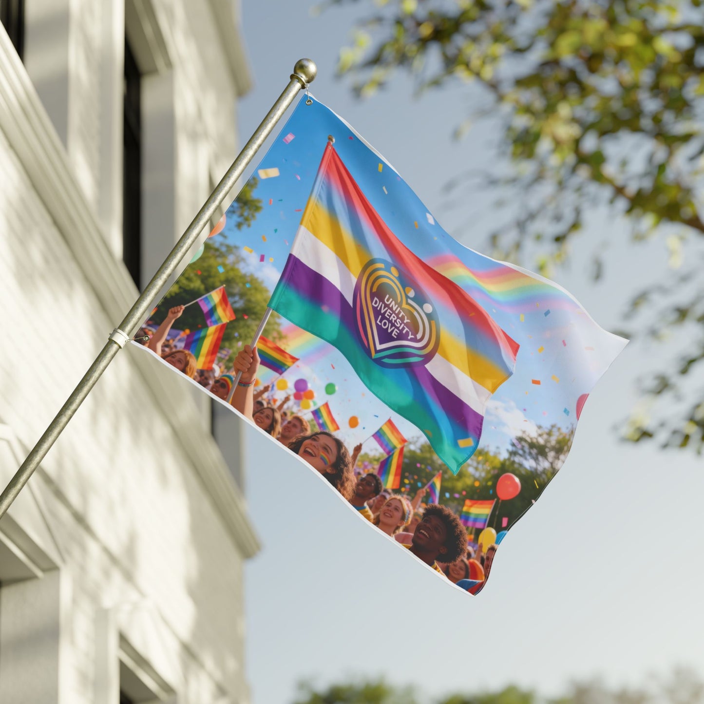Unity Diversity Love Pride flag on a metal pole, rainbow stripes and heart Unity Diversity Love logo