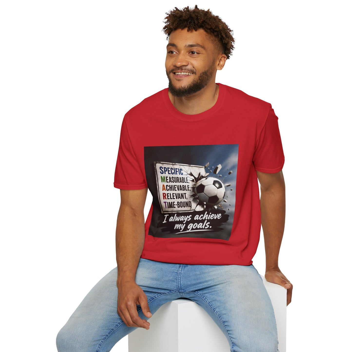Unisex T-shirt, red, front print features soccer ball and “I always achieve my goals.”