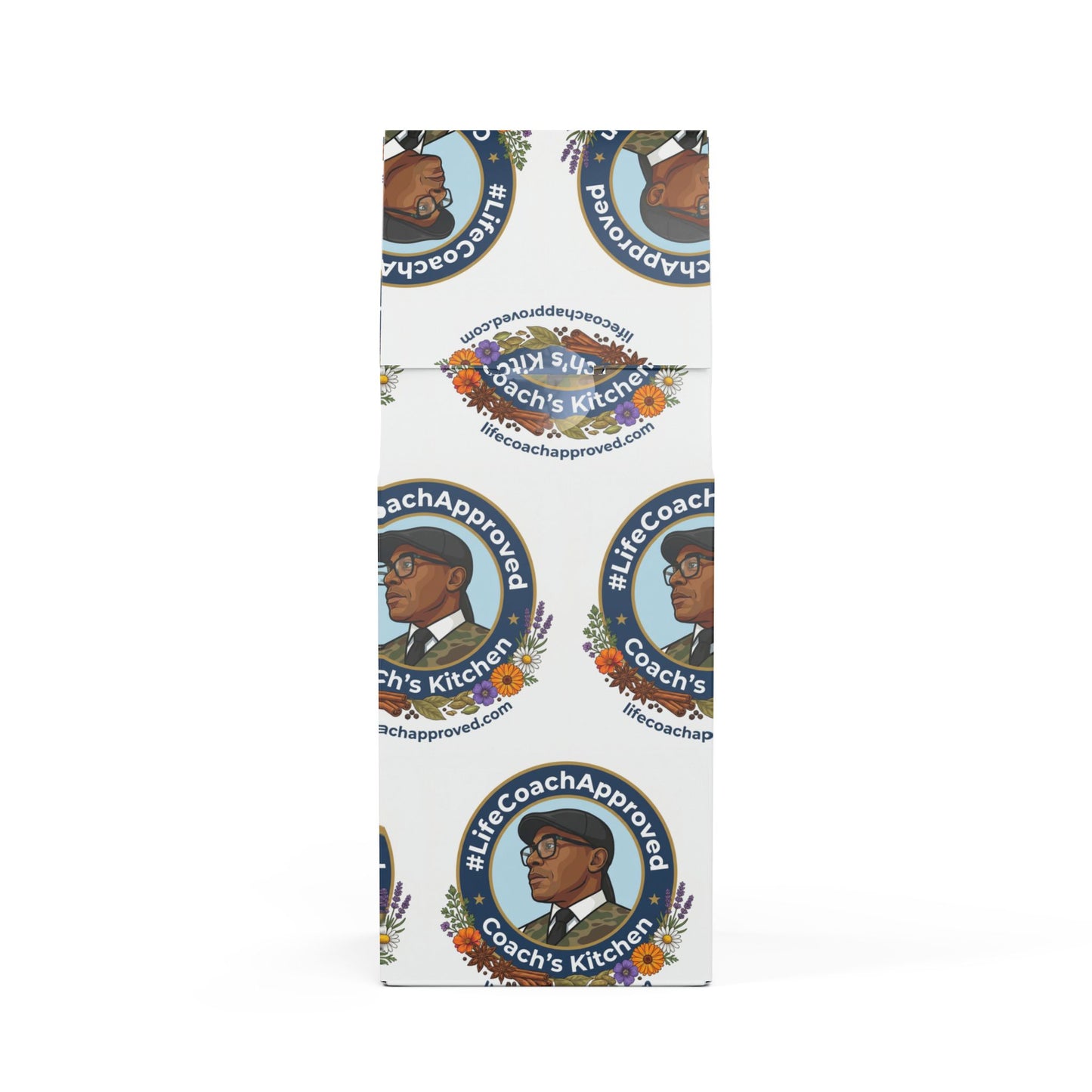 Coffee blend pouch with Coach's Kitchen branding and floral circular logos