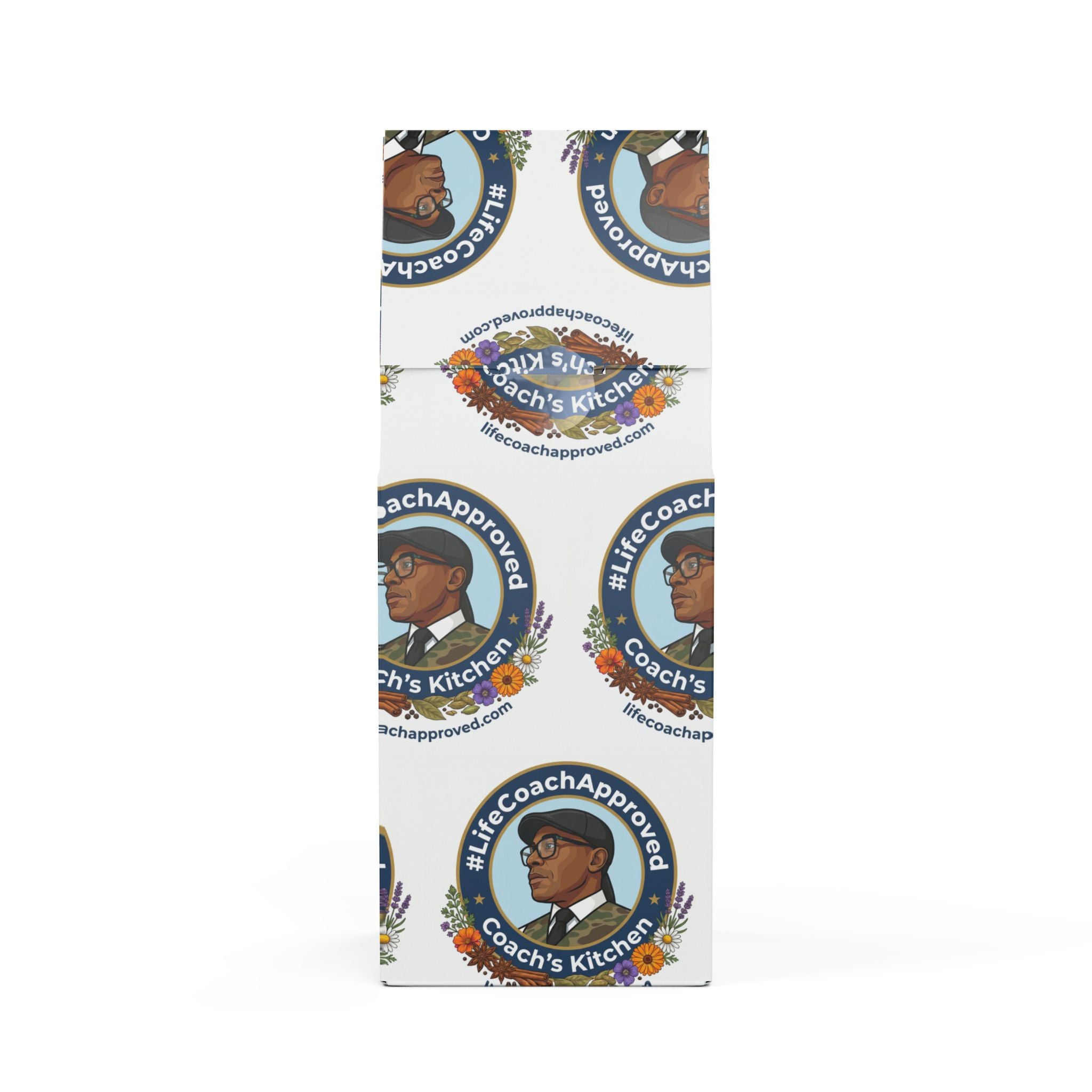 Coffee blend pouch with Coach's Kitchen branding and floral circular logos
