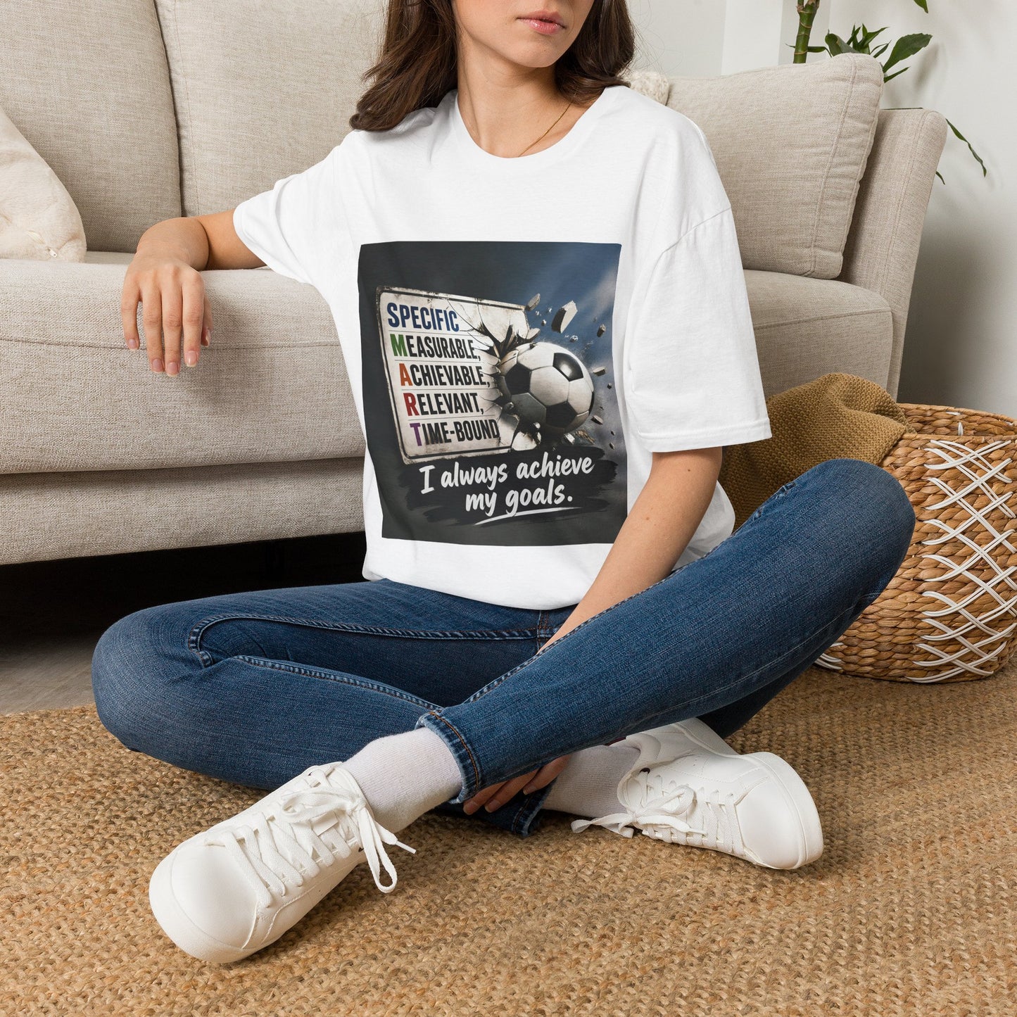 White unisex graphic T-shirt with soccer ball slogan print
