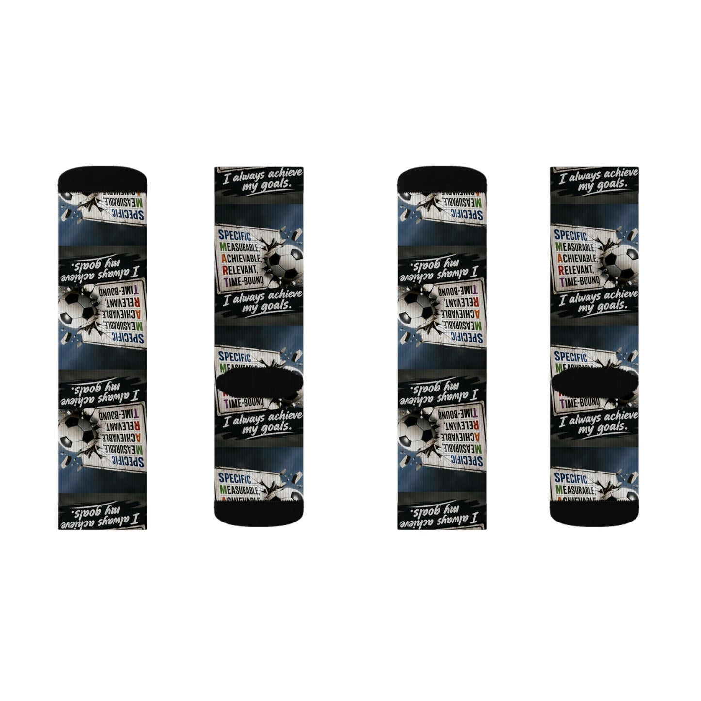 Life Coach Approved SMART Goals crew socks featuring an all-over print of soccer balls and SMART goal text on blue.