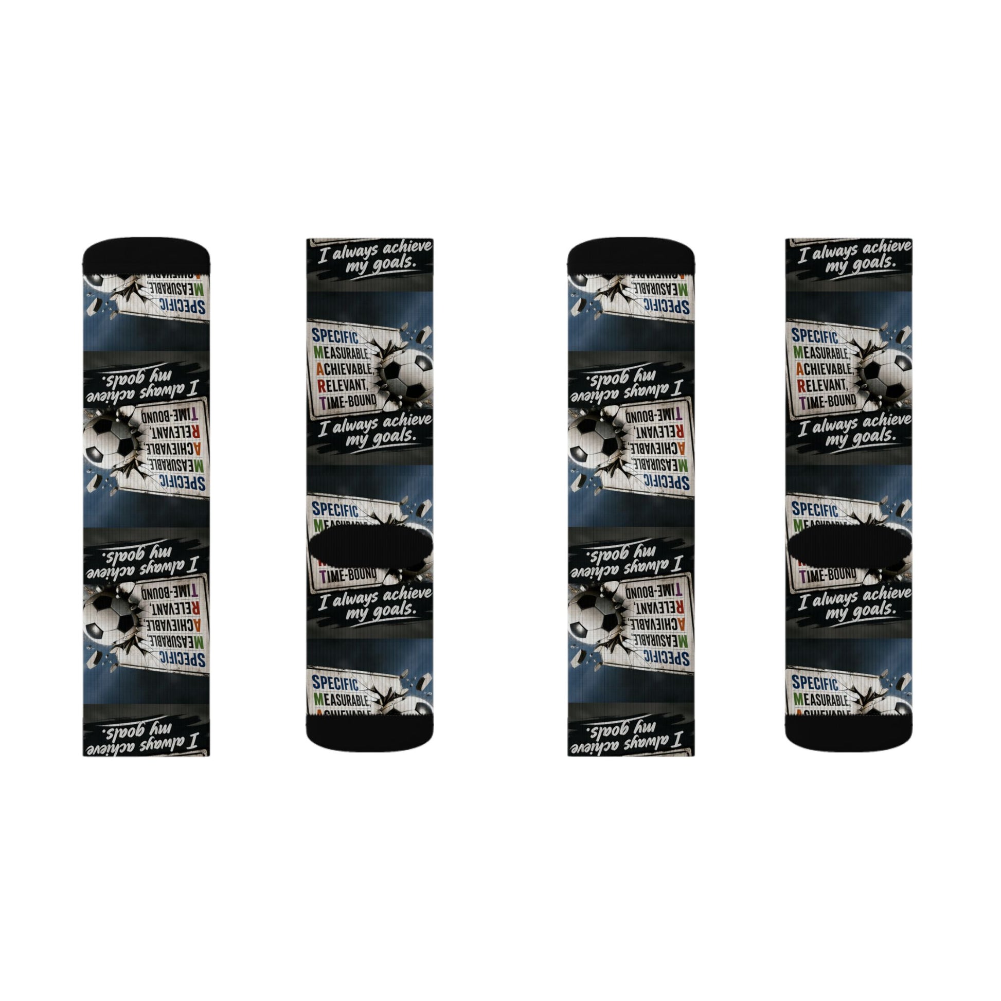 Life Coach Approved SMART Goals crew socks featuring an all-over print of soccer balls and SMART goal text on blue.