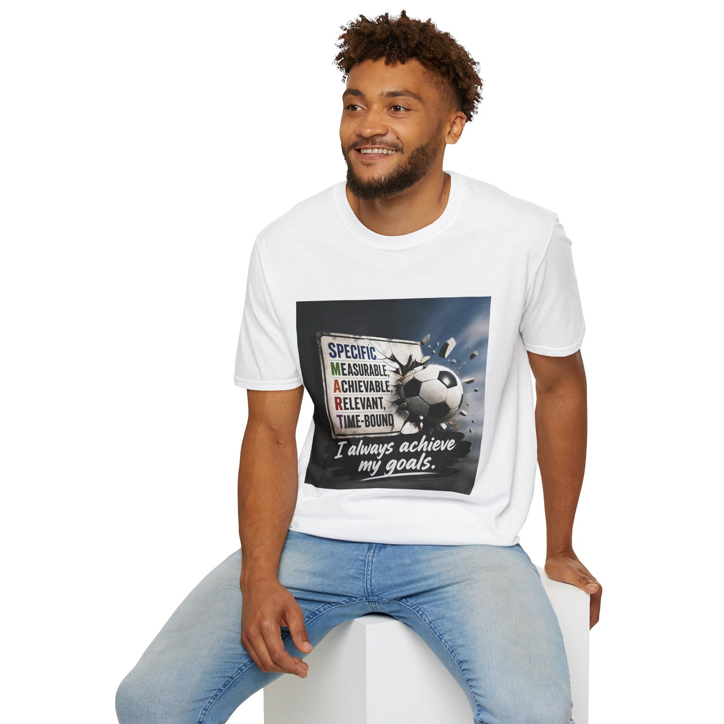 Unisex white graphic T-shirt with soccer ball slogan print