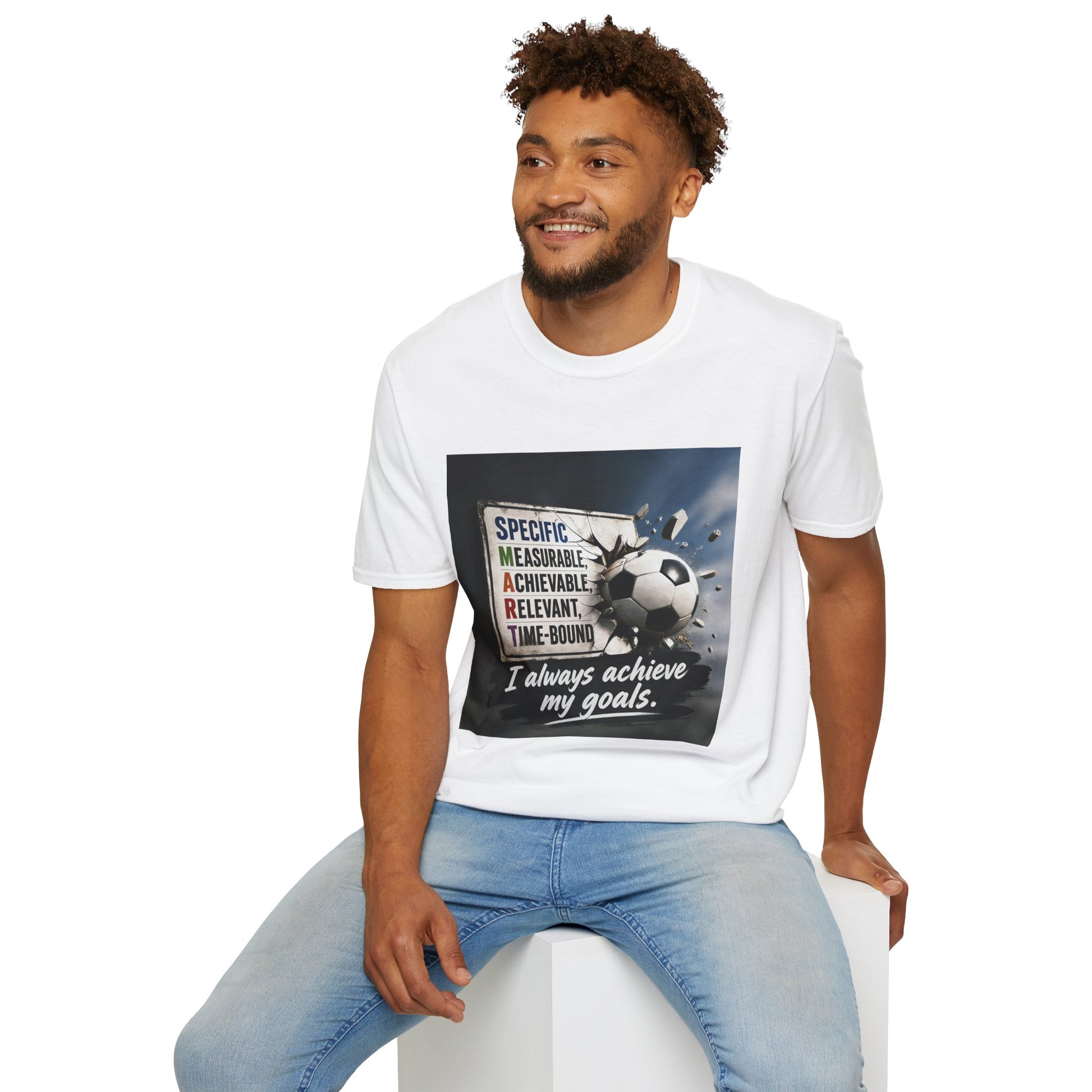 Unisex white graphic T-shirt with soccer ball slogan print