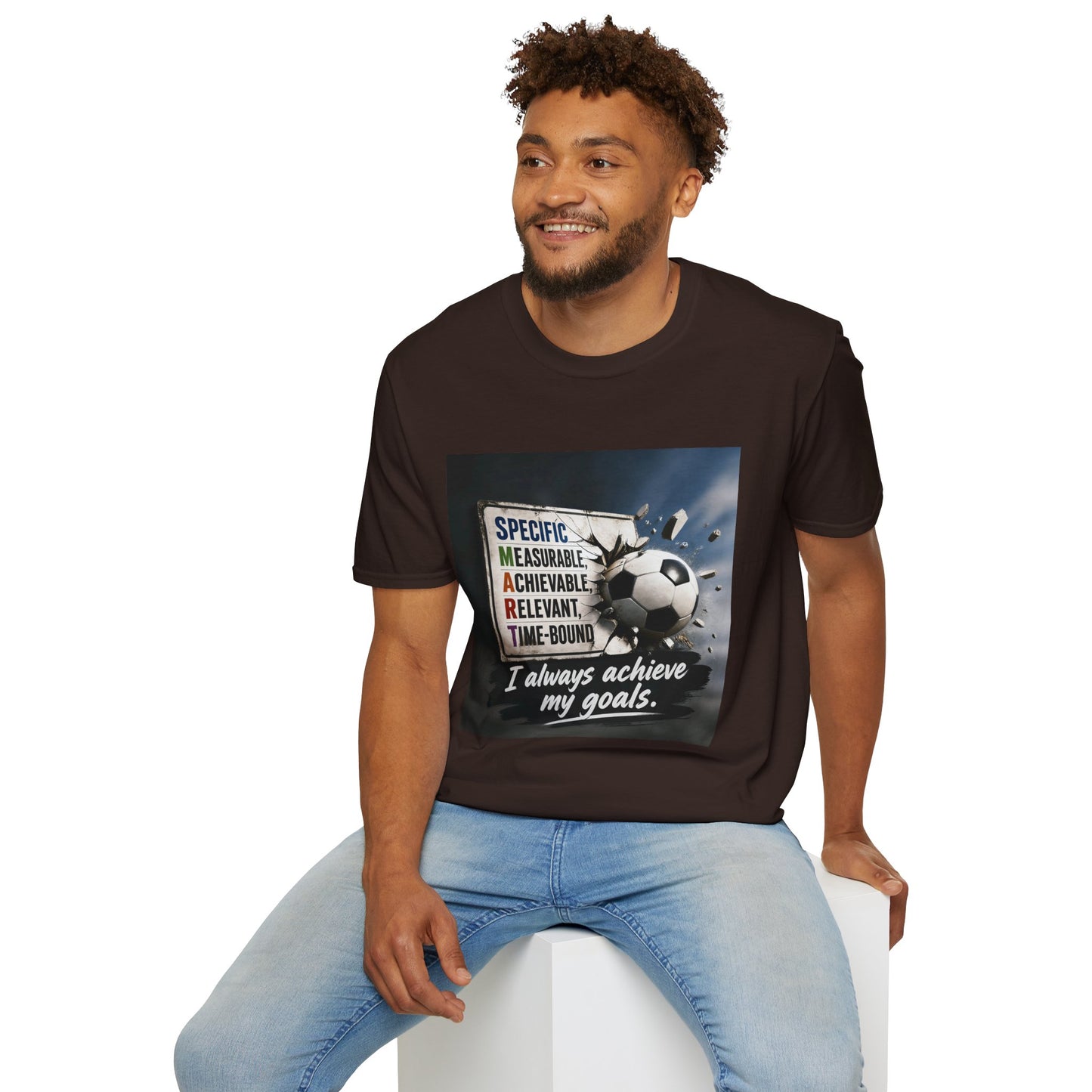 Unisex T-shirt in black with soccer ball motivational graphic on chest