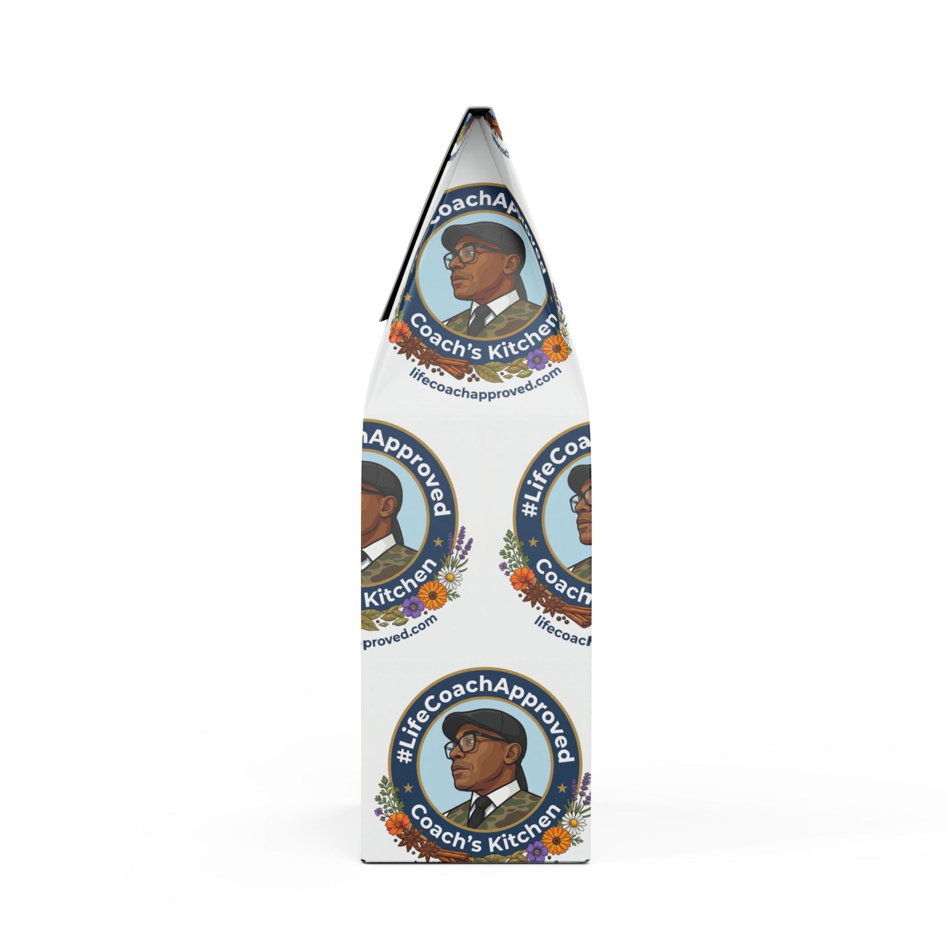 Coffee blend pouch angled view with Coach's Kitchen circular face logo