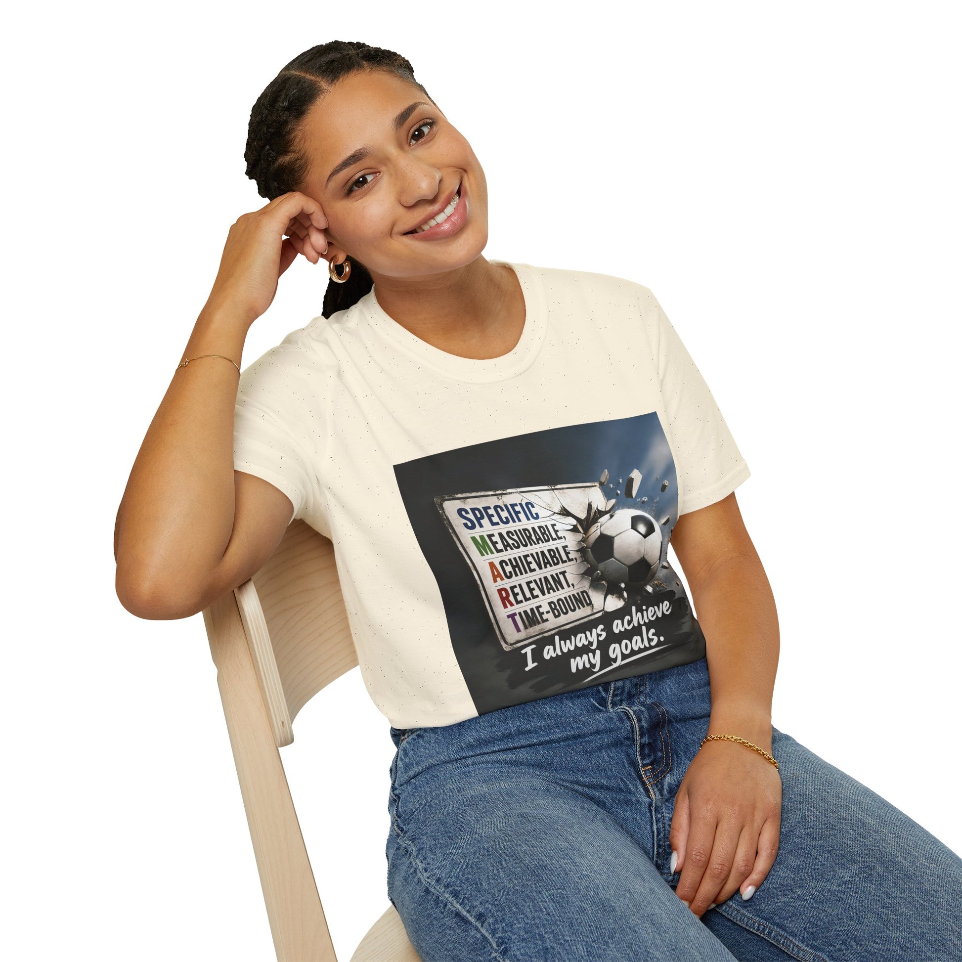 Unisex T-shirt in white with soccer ball motivational graphic on chest