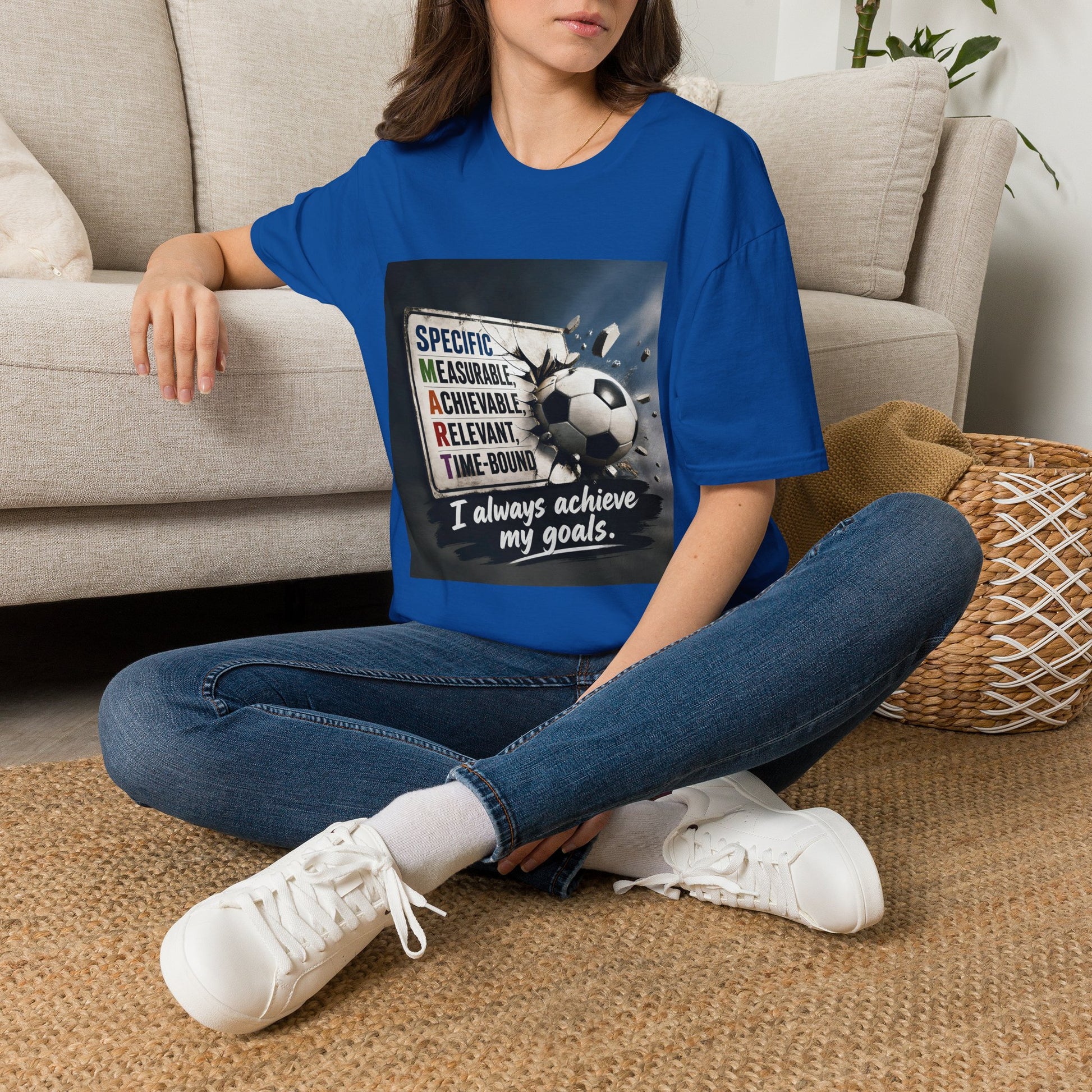 Unisex SMART goals T-shirt, royal blue with soccer-ball motivational graphic