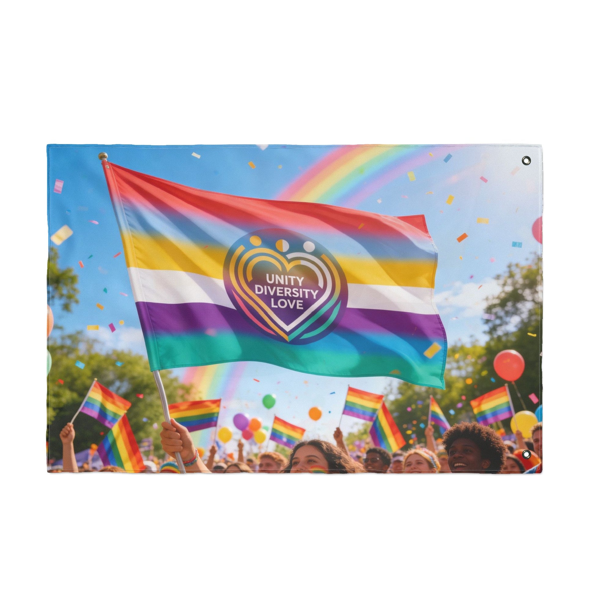 Pride flag with Unity Diversity Love heart emblem and rainbow stripes, double-sided design