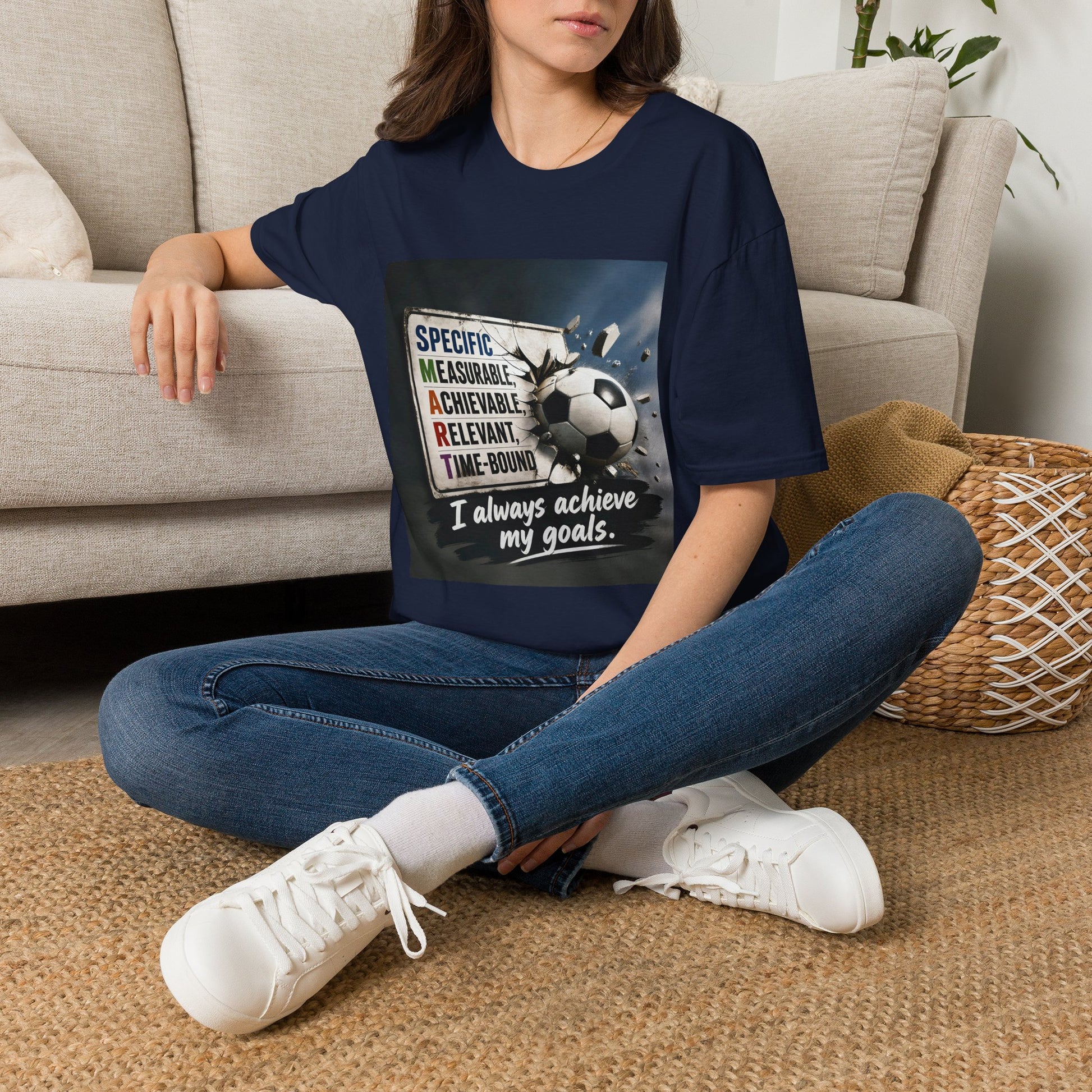 Unisex SMART goals T-shirt, navy with soccer-ball motivational graphic