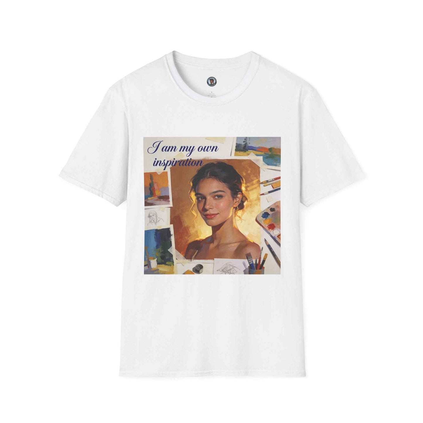 White unisex T-shirt with “I am my own inspiration” front square portrait graphic