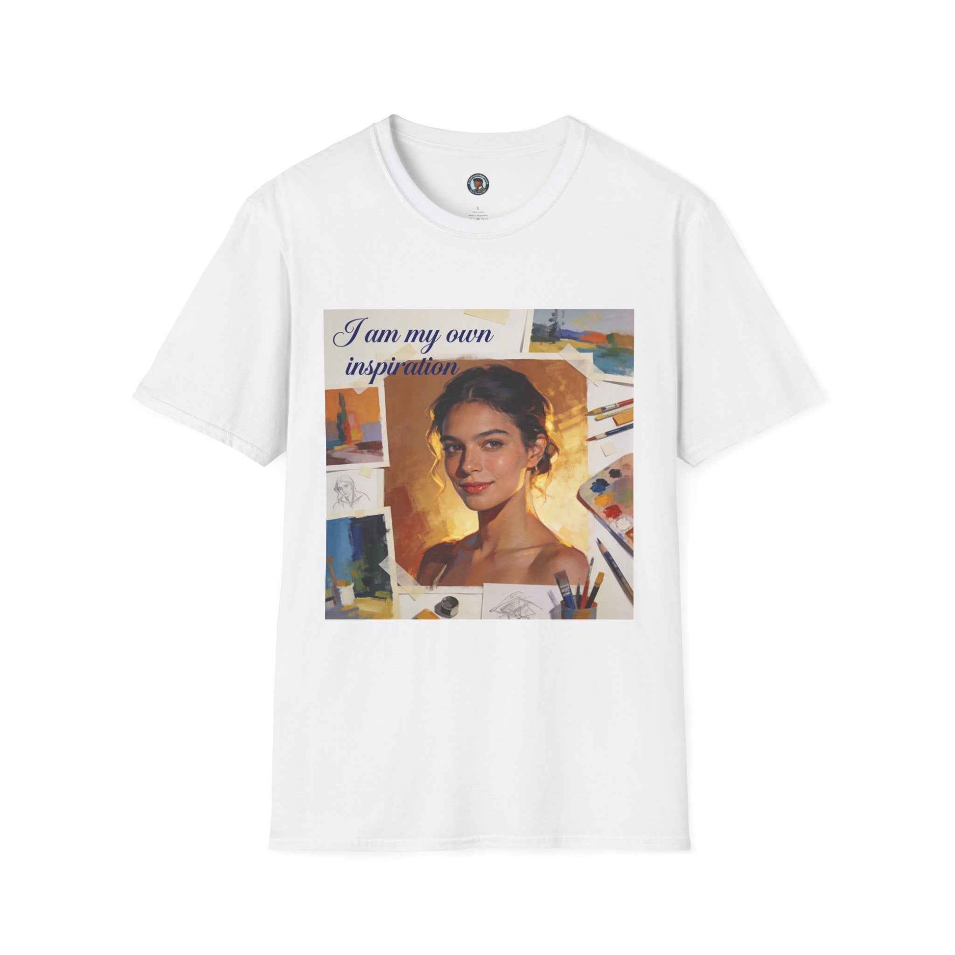 White unisex T-shirt with “I am my own inspiration” front square portrait graphic