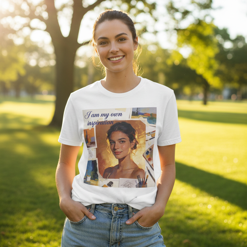White unisex T-shirt with “I am my own inspiration” portrait graphic