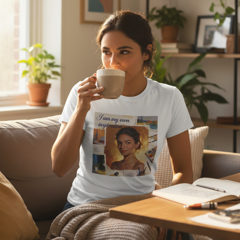 White unisex T-shirt with “I am my own inspiration” front graphic on model