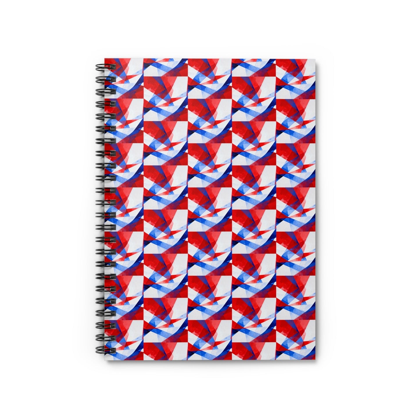 Ruled spiral notebook with red, blue, and white geometric cover