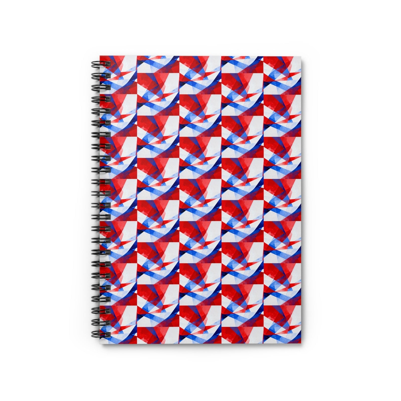 Ruled spiral notebook with red, blue, and white geometric cover