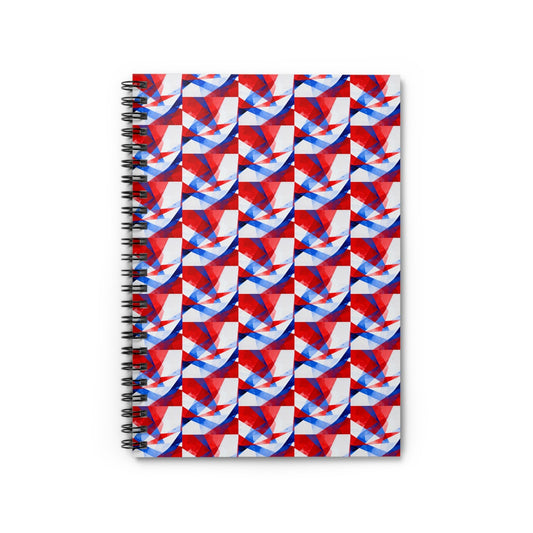 Ruled spiral notebook with red, blue, and white geometric cover