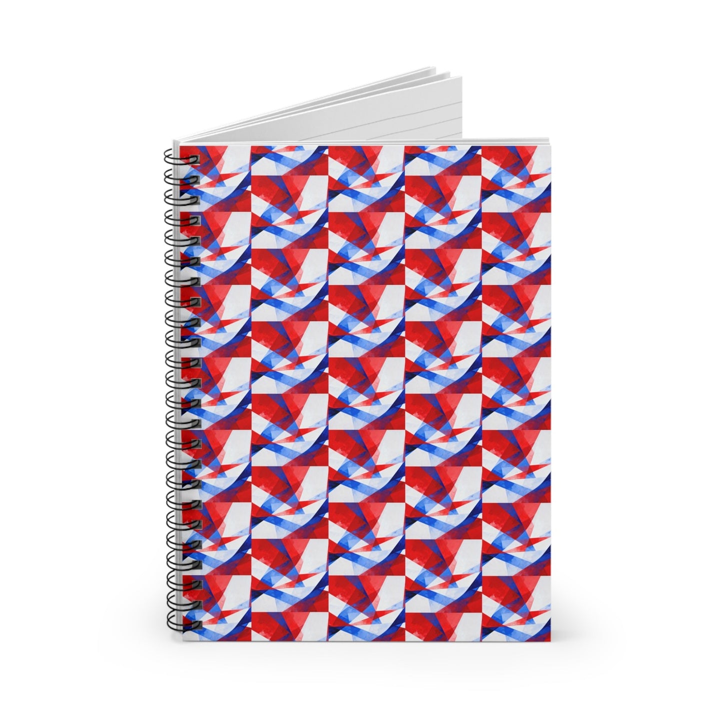 Ruled spiral notebook with red, blue, and white patterned cover; pages slightly open