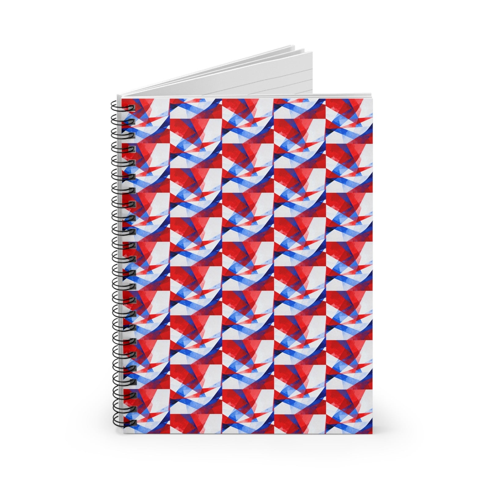 Ruled spiral notebook with red, blue, and white patterned cover; pages slightly open