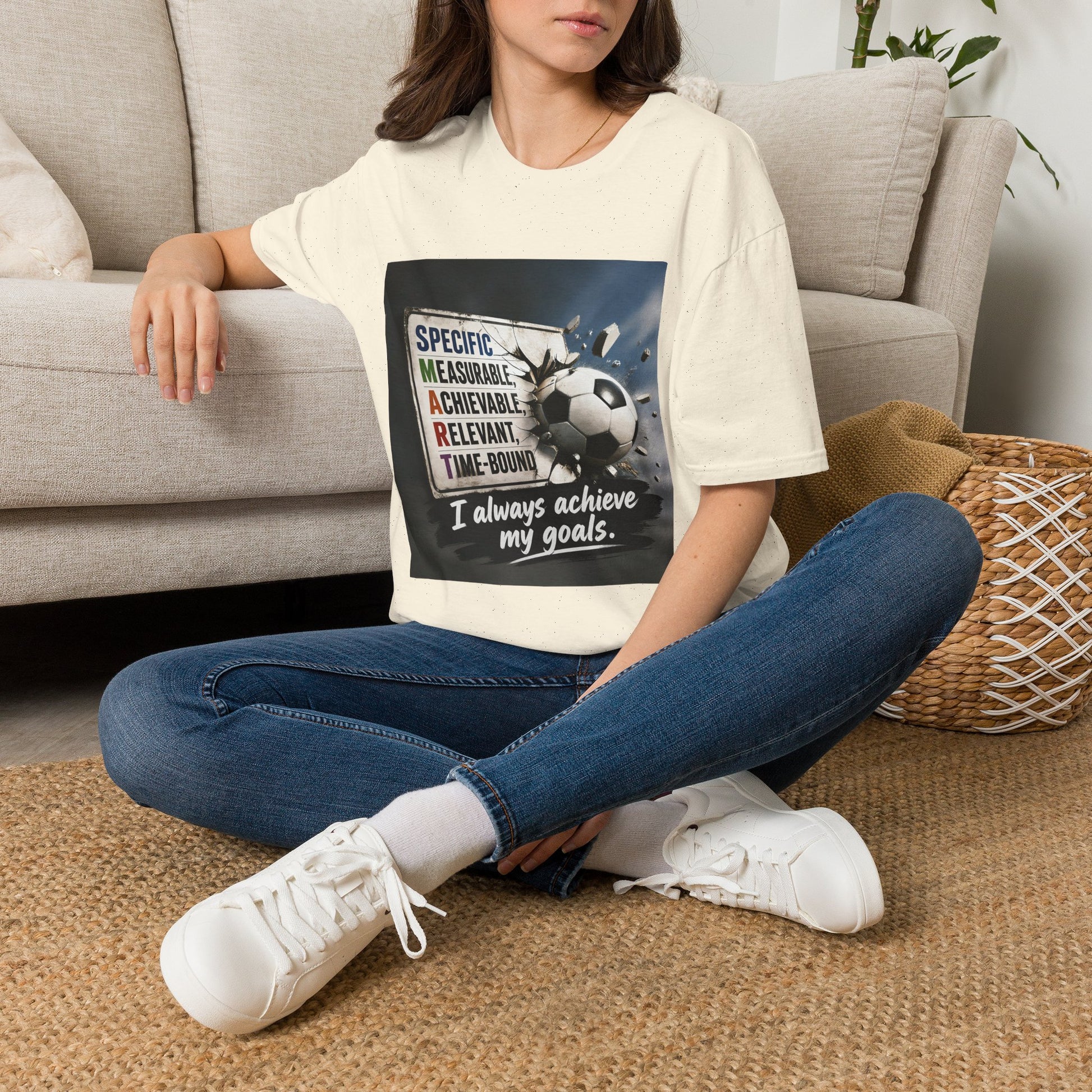 Unisex graphic T-shirt with soccer ball quote, light-colored crew neck