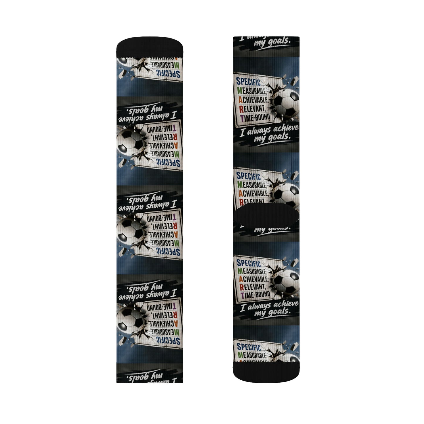 SMART Goals crew socks with all-over print of soccer balls and motivational text on a dark blue background.
