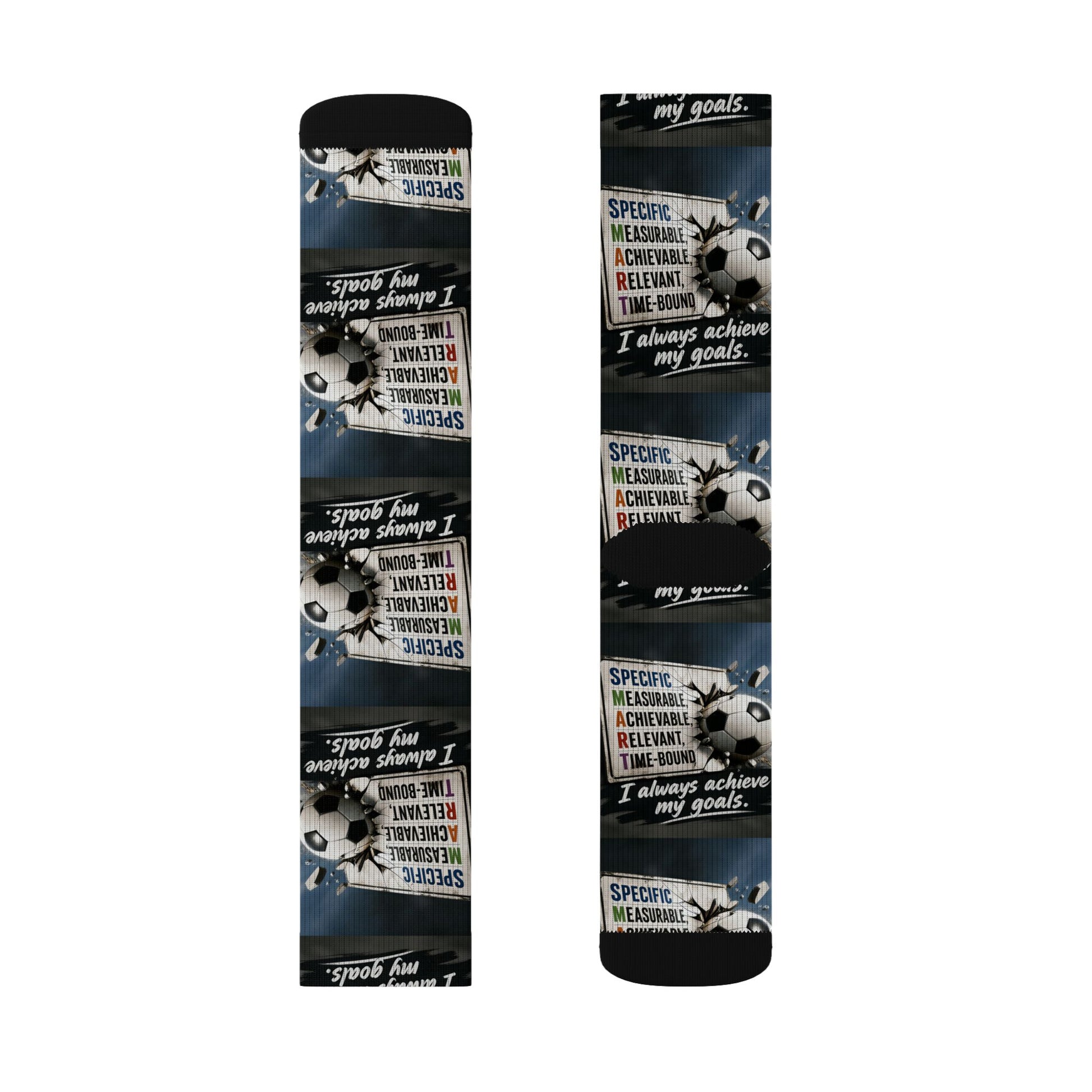 SMART Goals crew socks with all-over print of soccer balls and motivational text on a dark blue background.