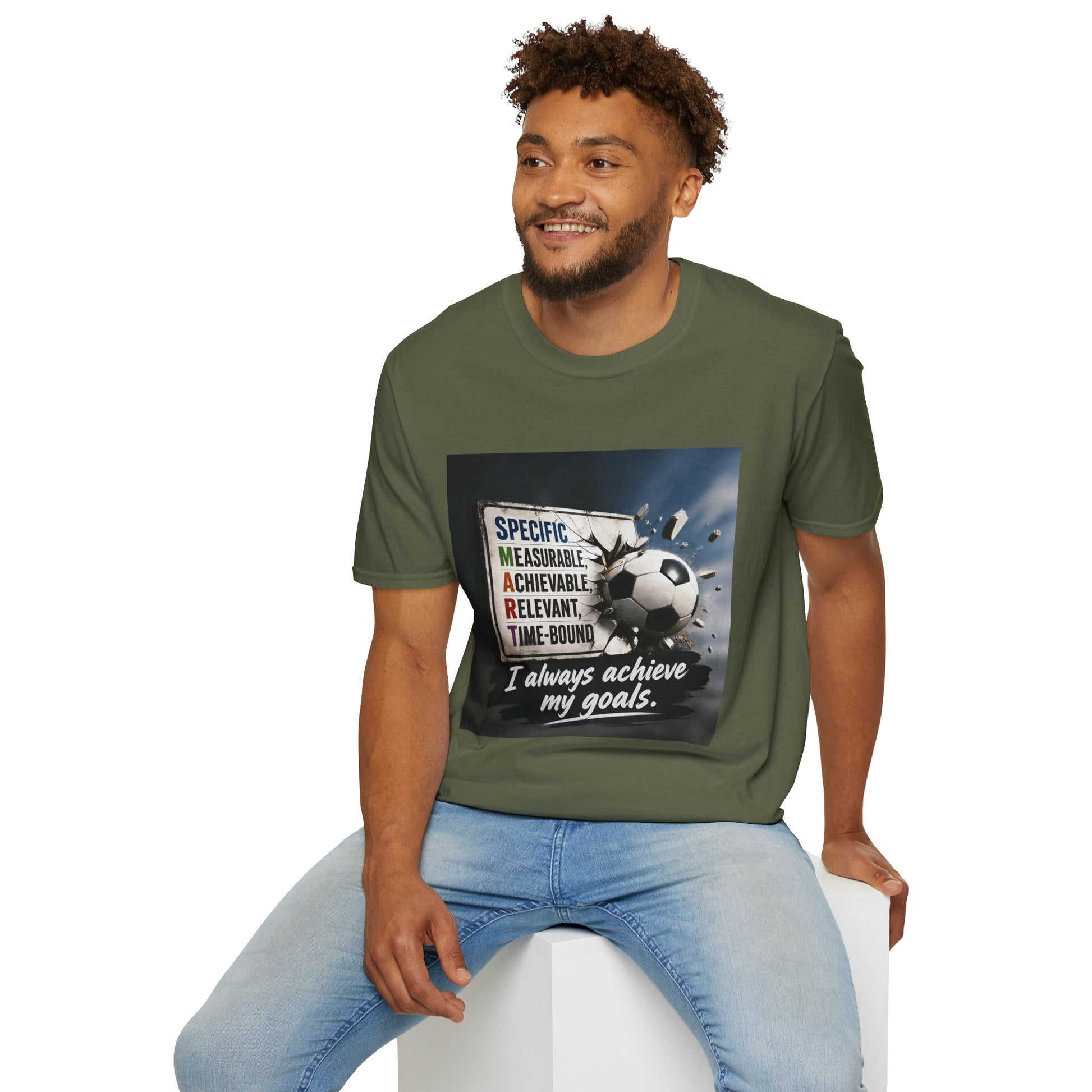 Unisex T-shirt in olive green with soccer ball motivational graphic on chest