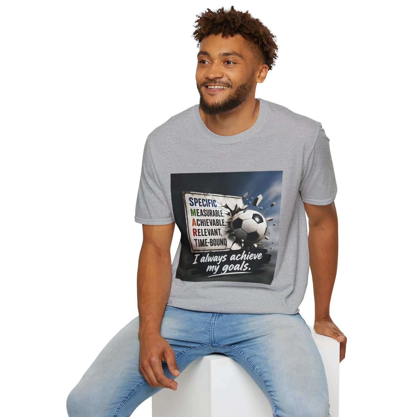 Unisex heather gray graphic T-shirt with soccer ball slogan print