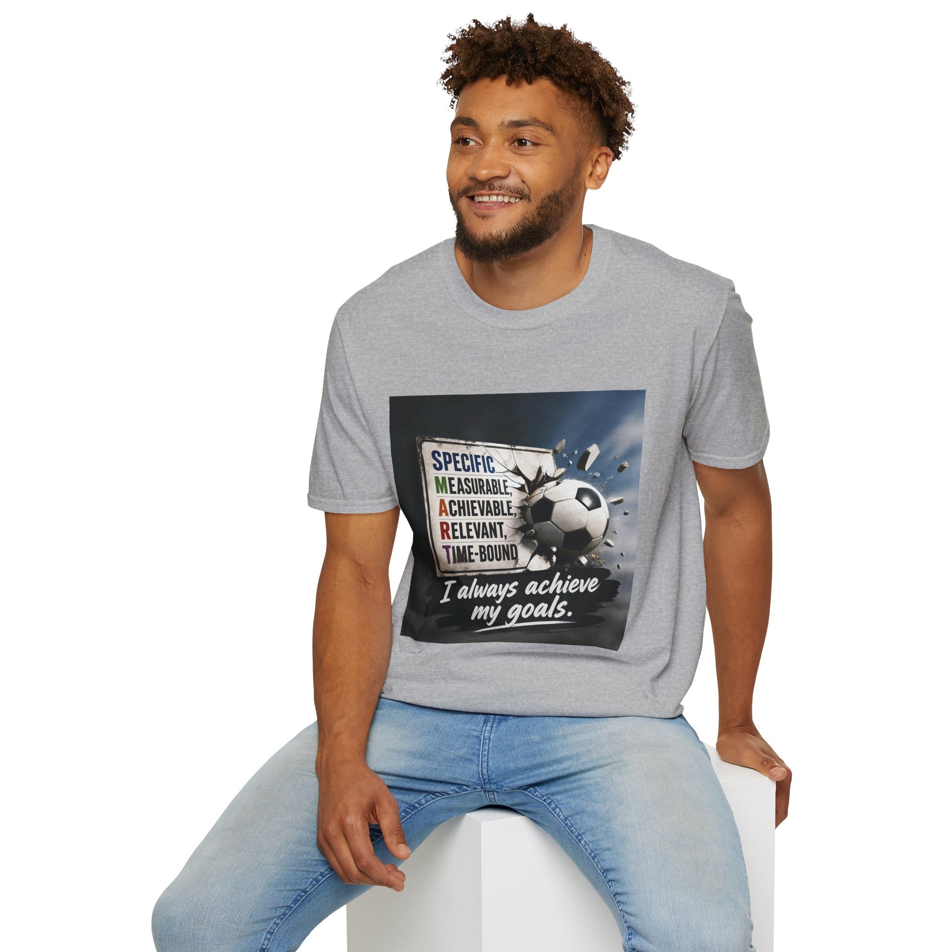 Unisex heather gray graphic T-shirt with soccer ball slogan print