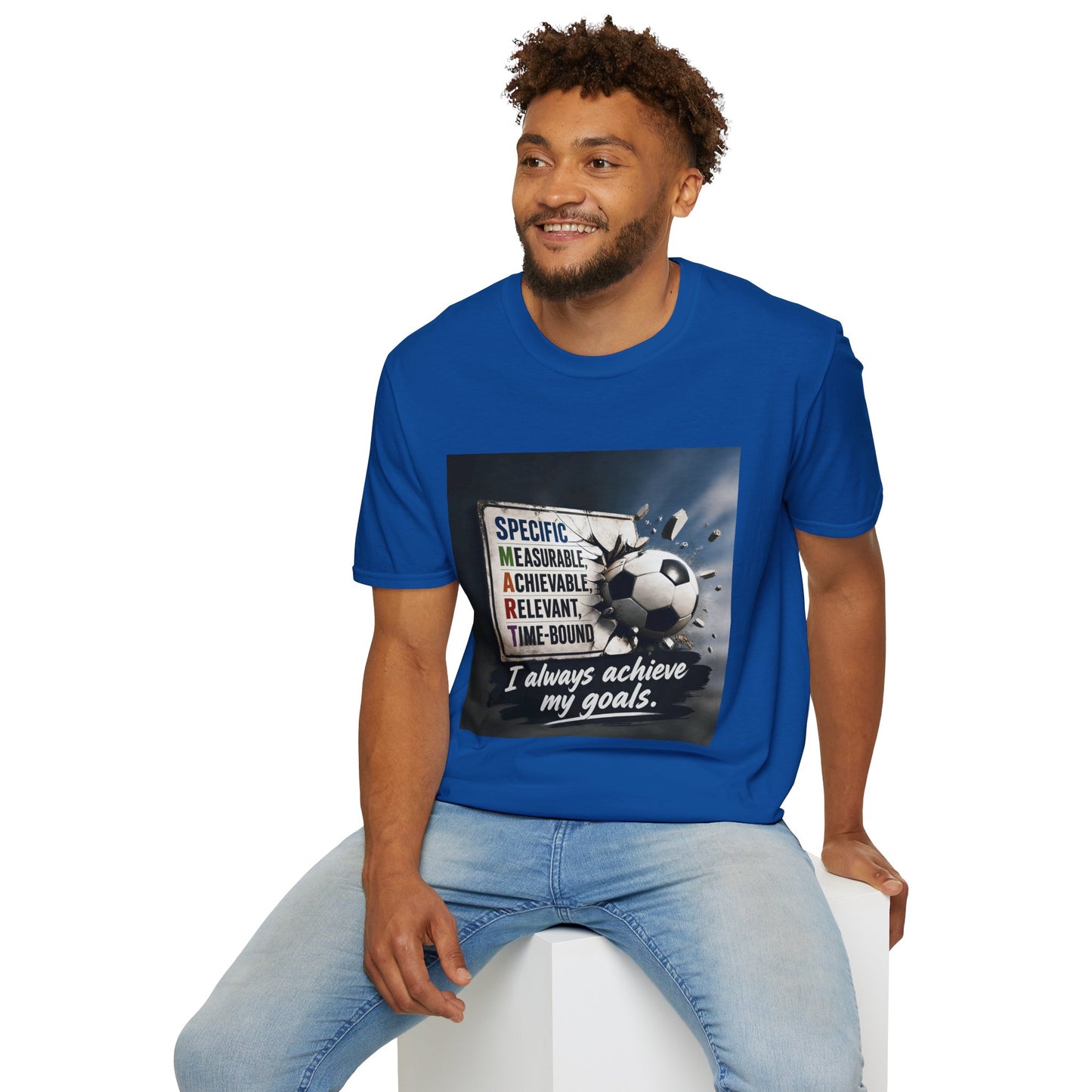 Unisex T-shirt, blue, chest graphic shows soccer ball and “I always achieve my goals.”