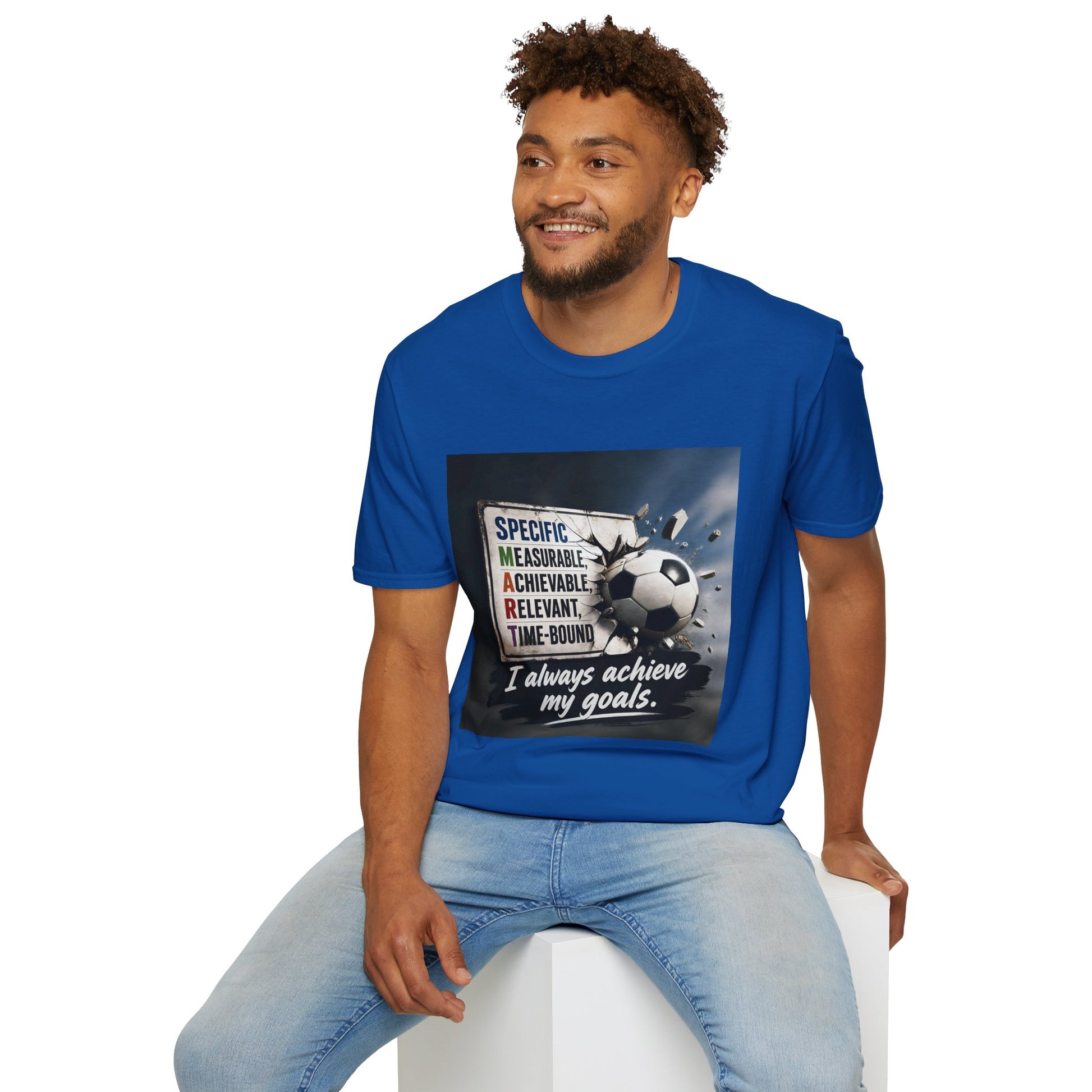 Unisex T-shirt, blue, chest graphic shows soccer ball and “I always achieve my goals.”