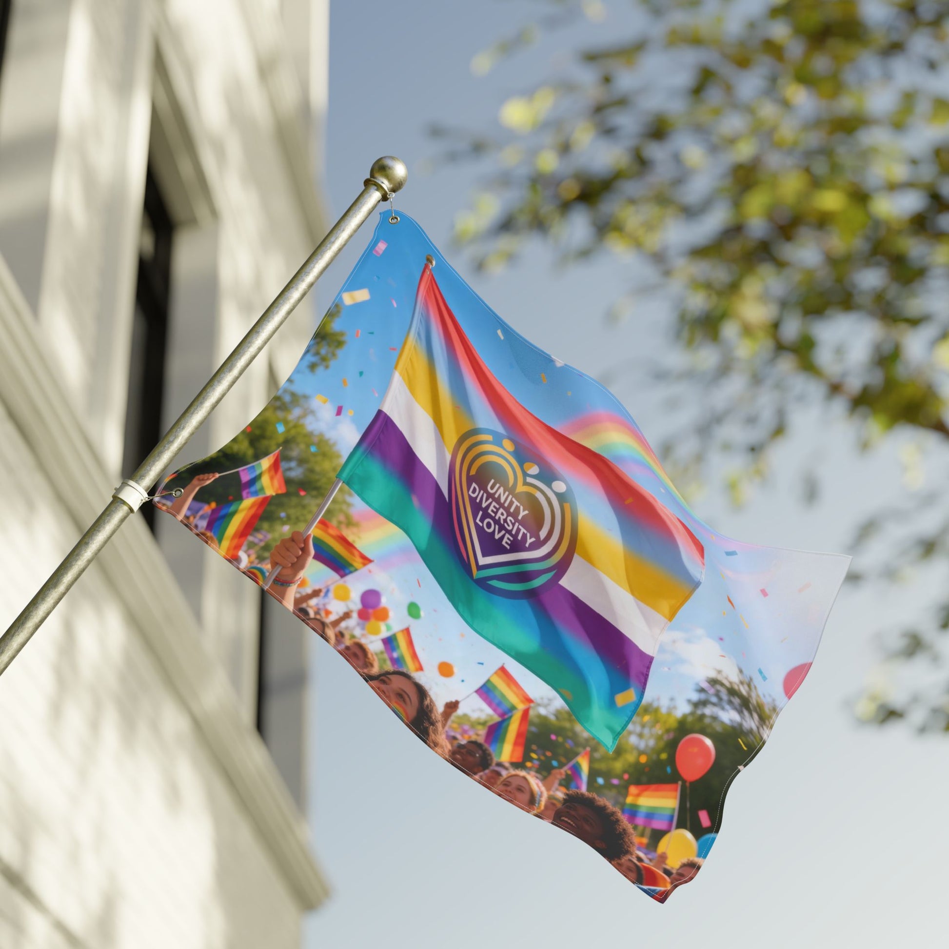 Pride flag with Unity Diversity Love heart emblem hanging from a pole with rainbow stripes