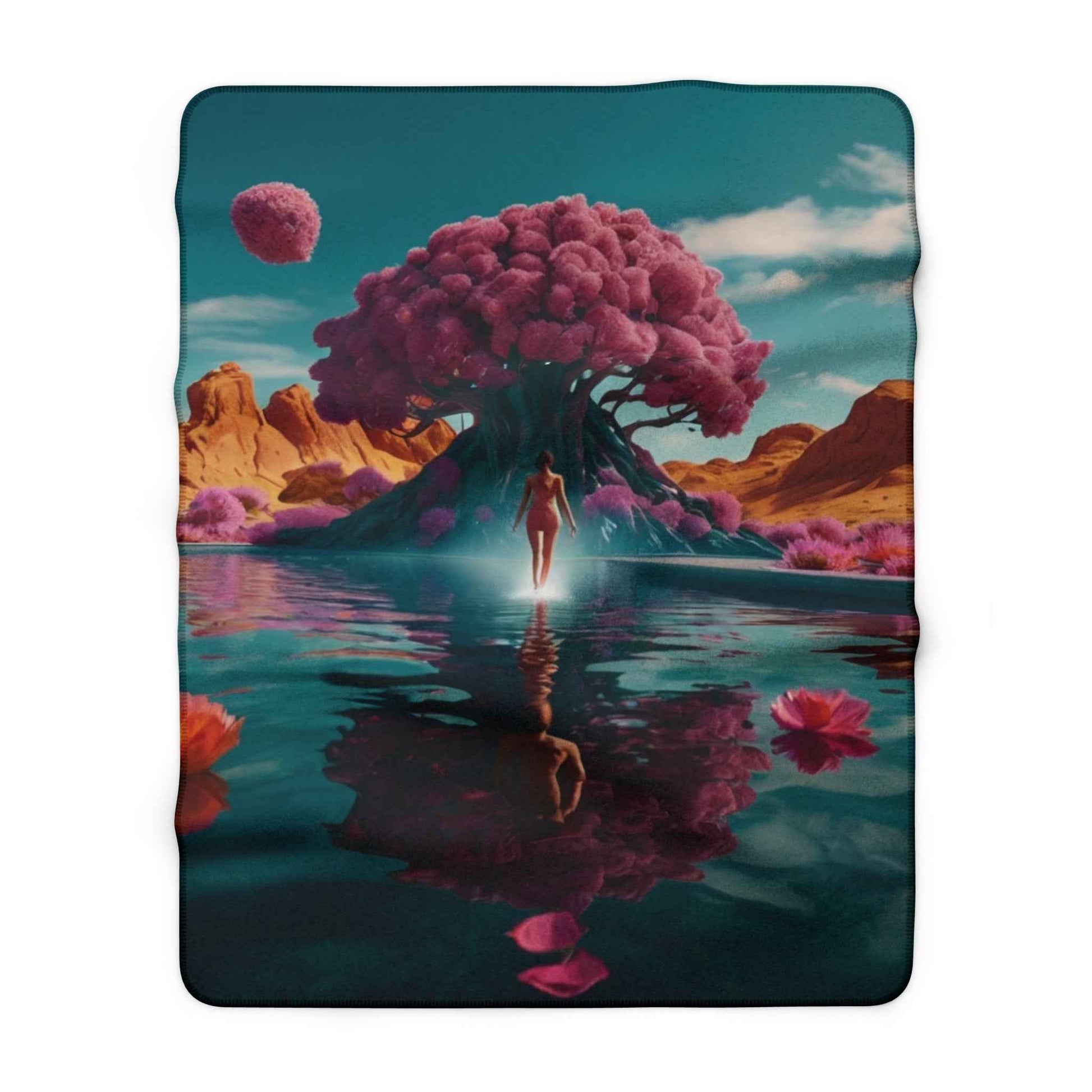 Teal fleece throw with large purple tree and mirrored flowers scene, rounded corners