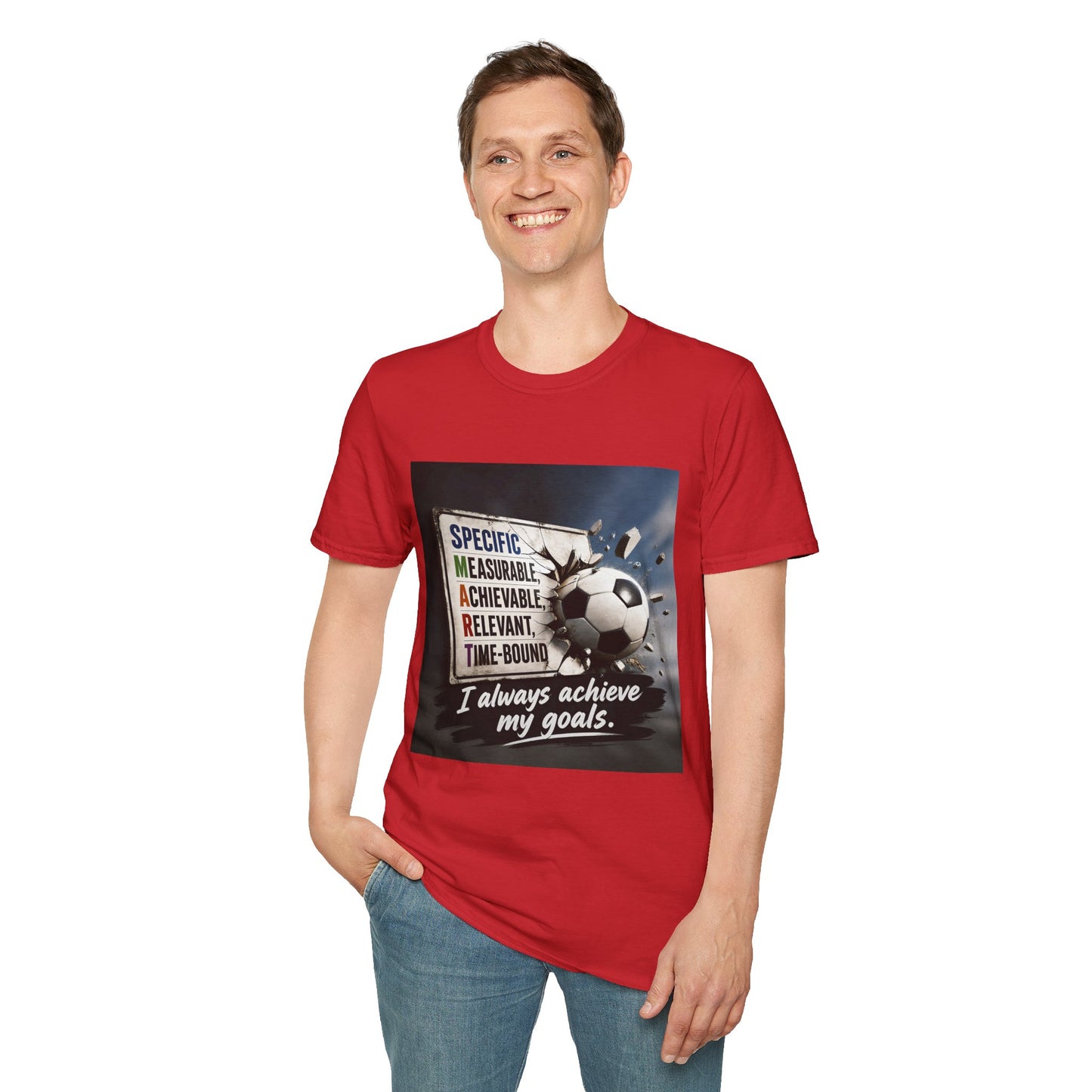 Unisex T-shirt, red, soccer graphic with “I always achieve my goals.” on the front.