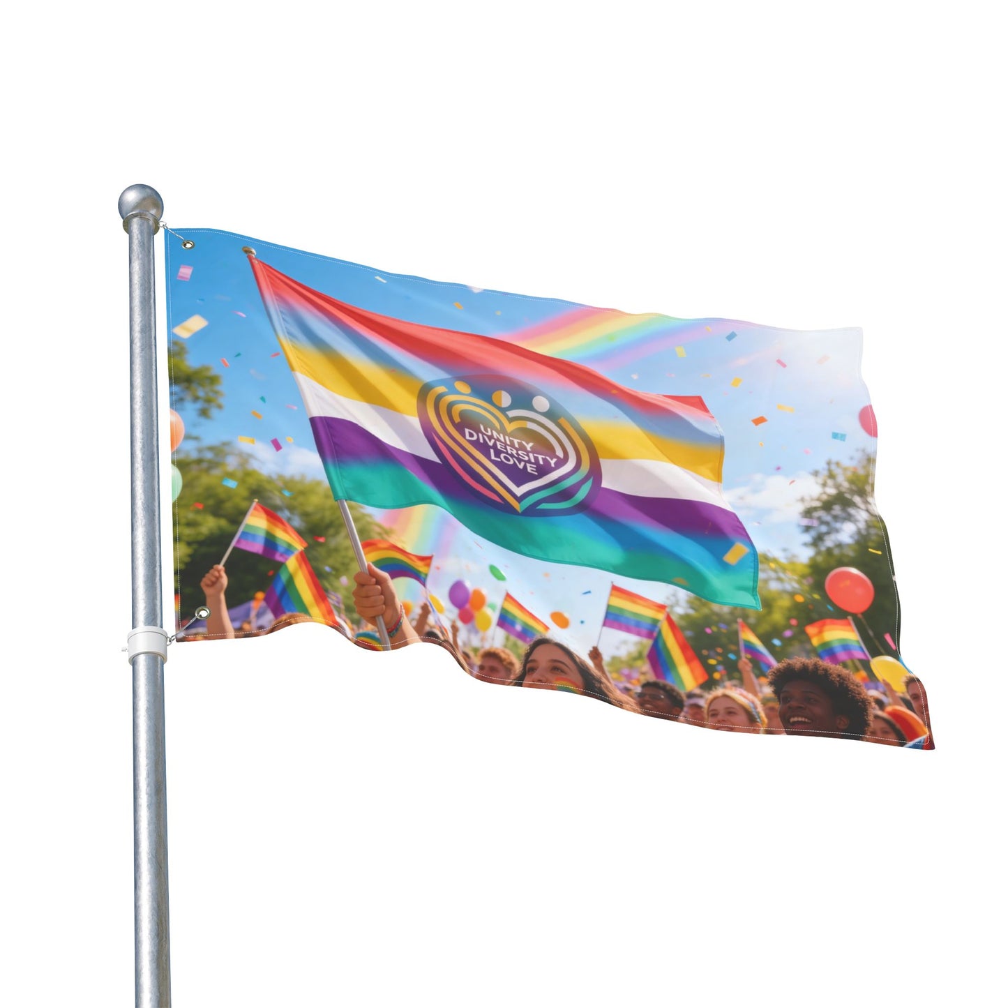 Pride flag with Unity Diversity Love heart emblem waving on a pole, rainbow stripe layout