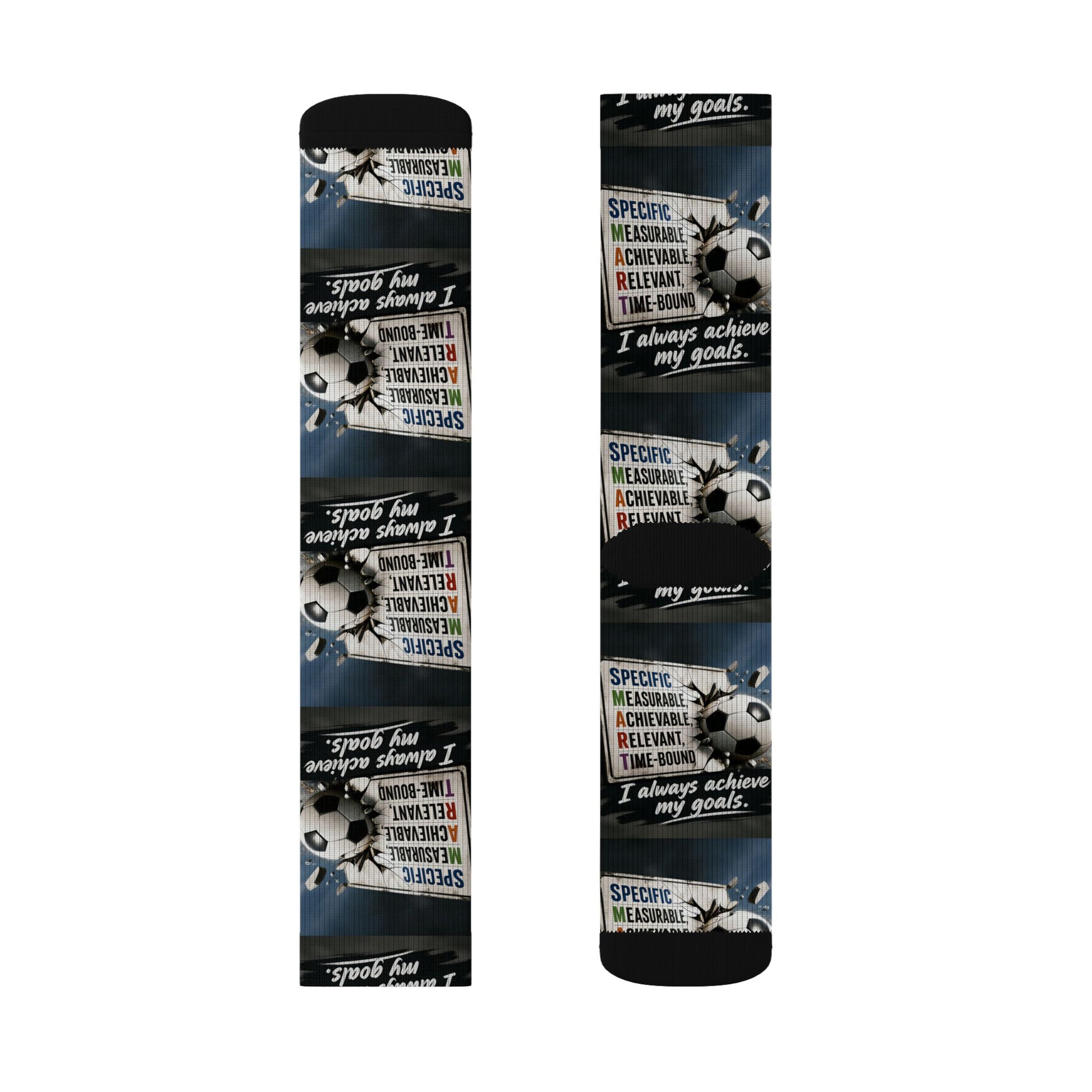 SMART Goals crew socks with an all-over print featuring soccer balls, goal signs, and "I always achieve my goals" text.