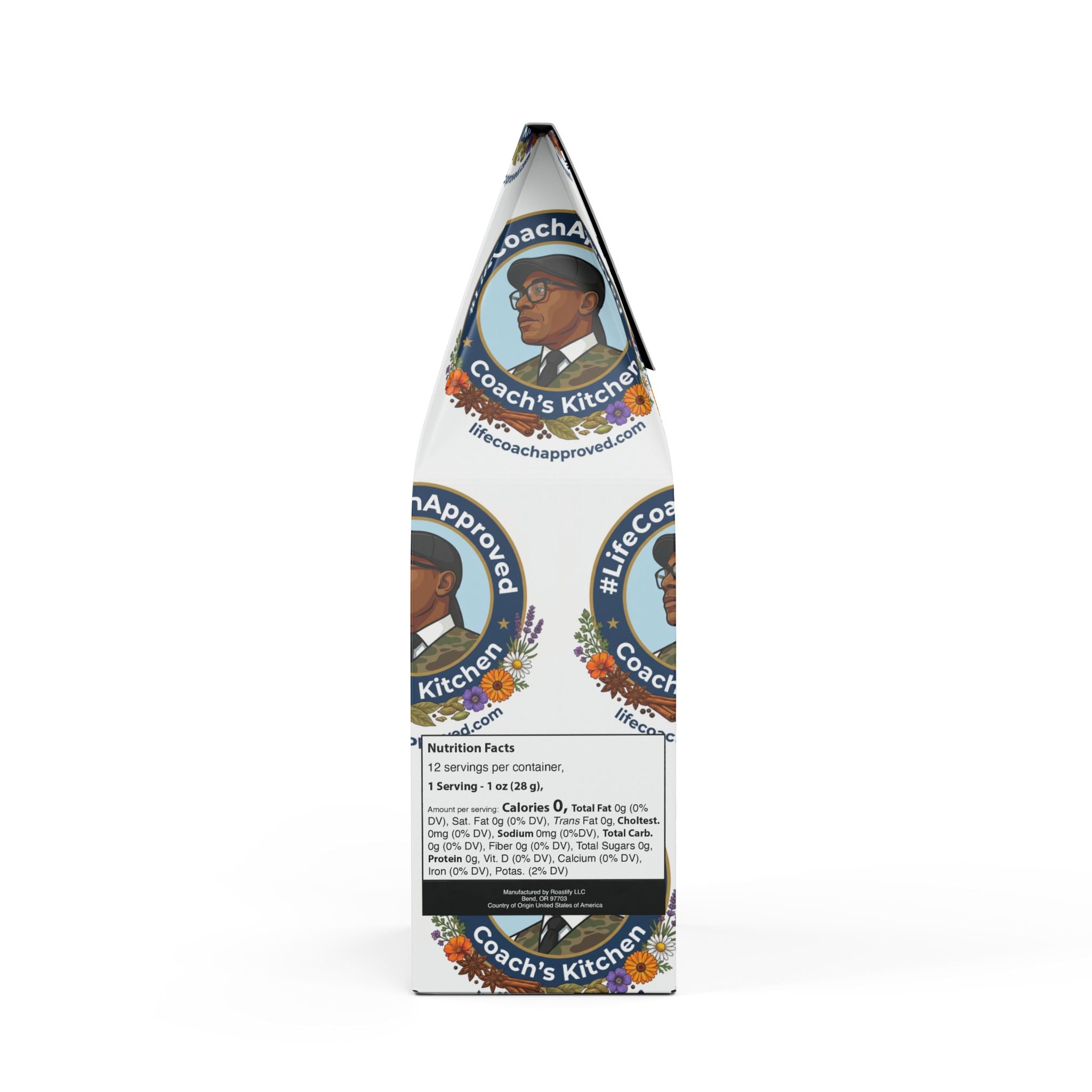 Single origin coffee bag with nutrition facts panel and Coach's Kitchen branding