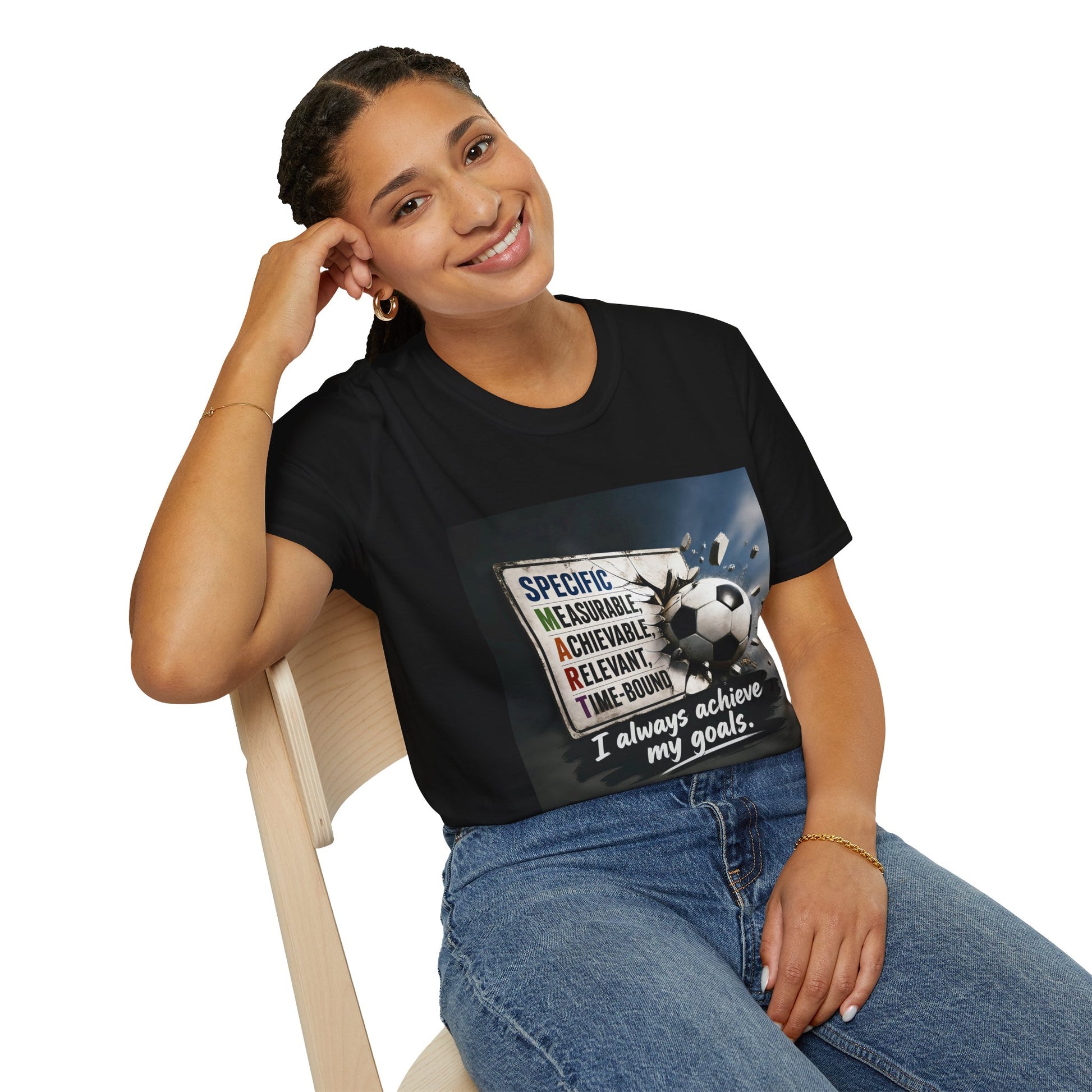 Unisex T-shirt, black, crew neck; soccer graphic and “I always achieve my goals” on front.