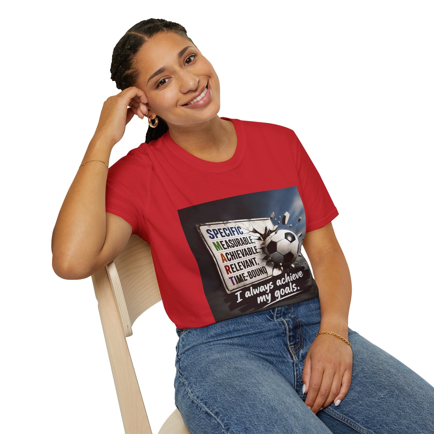 Unisex T-shirt, red, centered soccer ball print with motivational text “I always achieve my goals.”