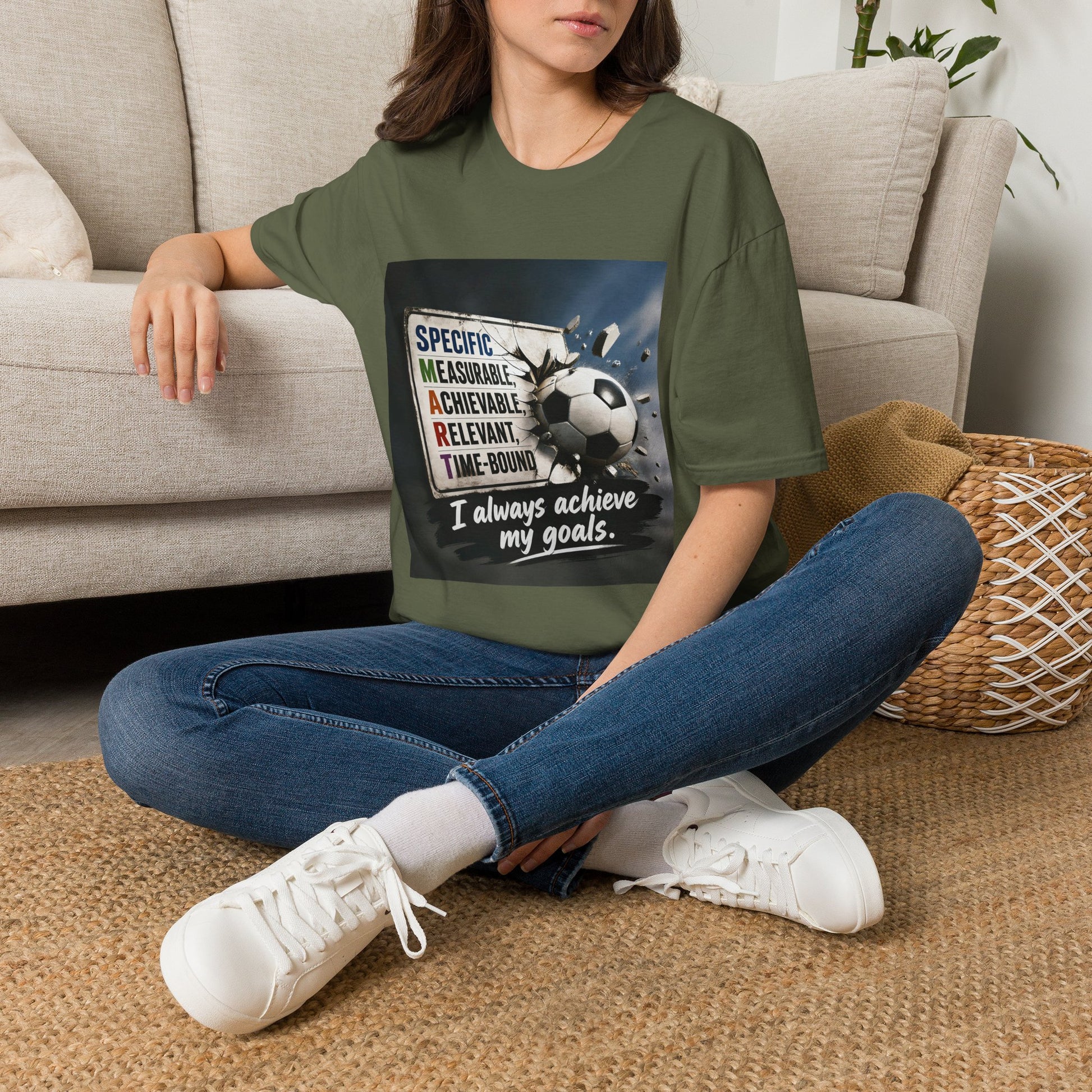 Unisex SMART goals T-shirt, military green with soccer-ball motivational graphic