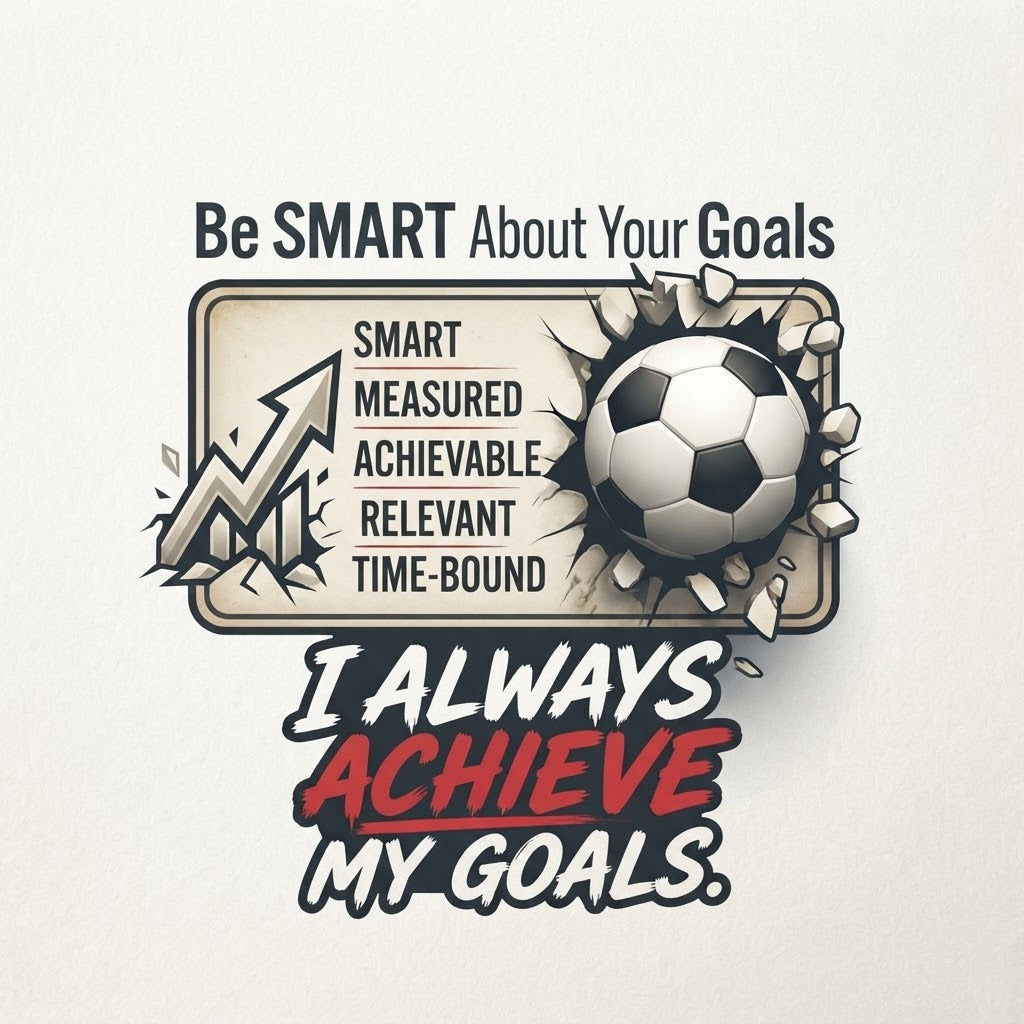Graphic shows a soccer ball breaking through a sign with SMART goal text and an upward arrow on a white background.