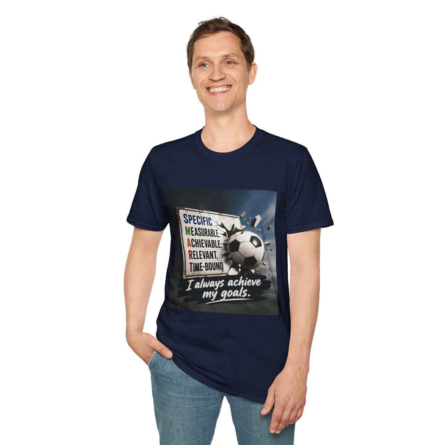Unisex T-shirt in navy with soccer ball motivational graphic on chest