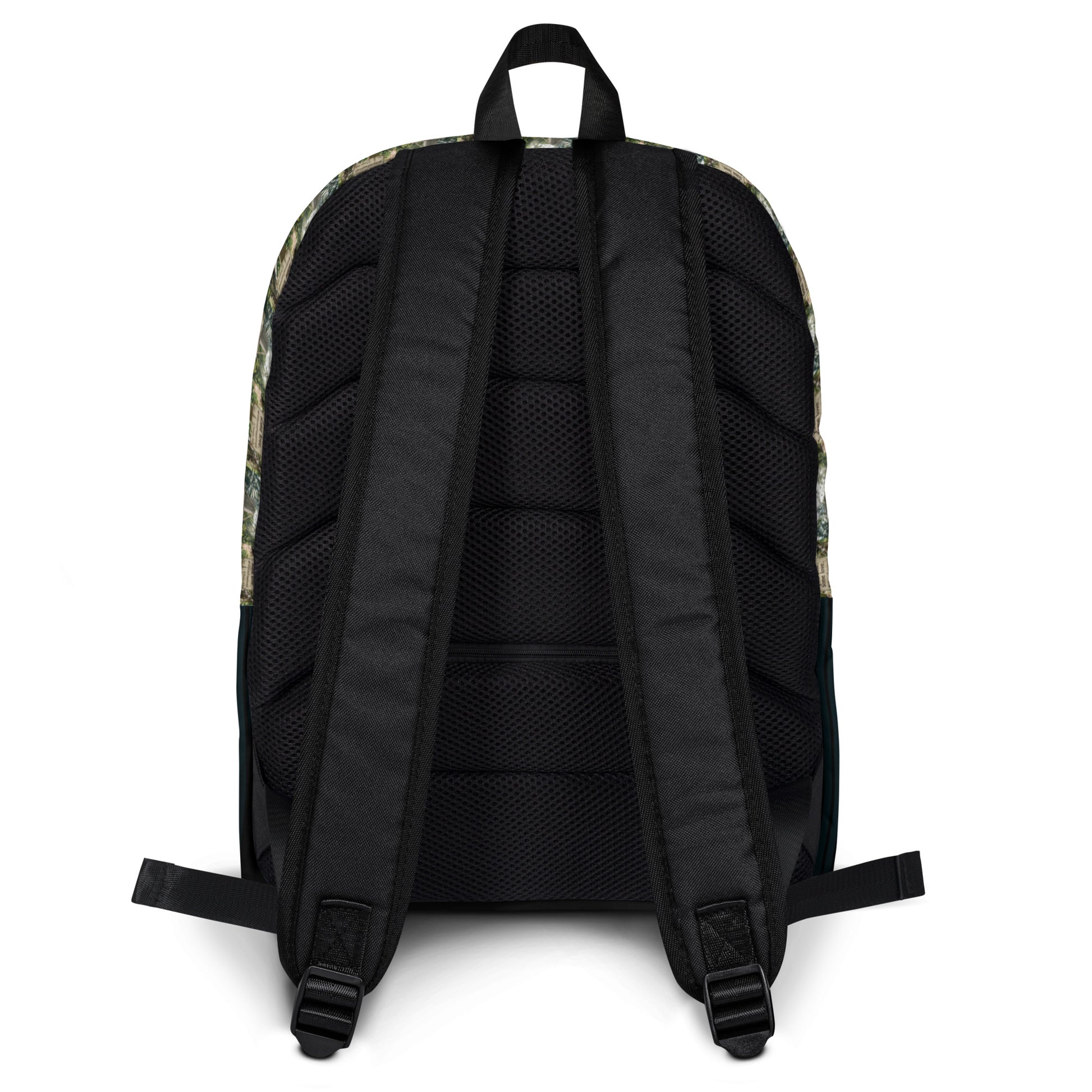 Self love backpack back view with black mesh panel and padded adjustable shoulder straps